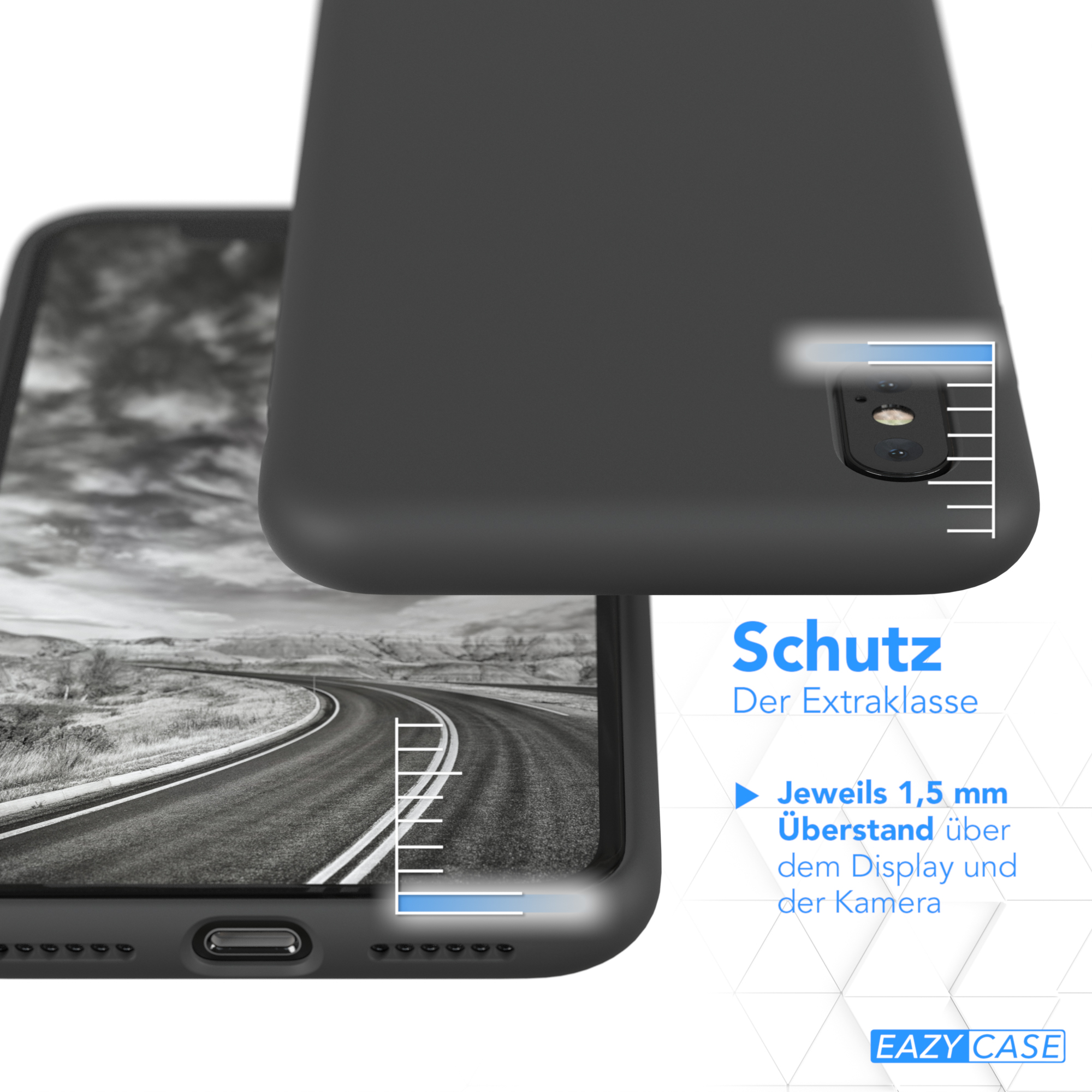 Telefon in schwarzer Hülle, Nahaufnahme. Text: 'Schutz'. Hintergrund: Straßenszene.