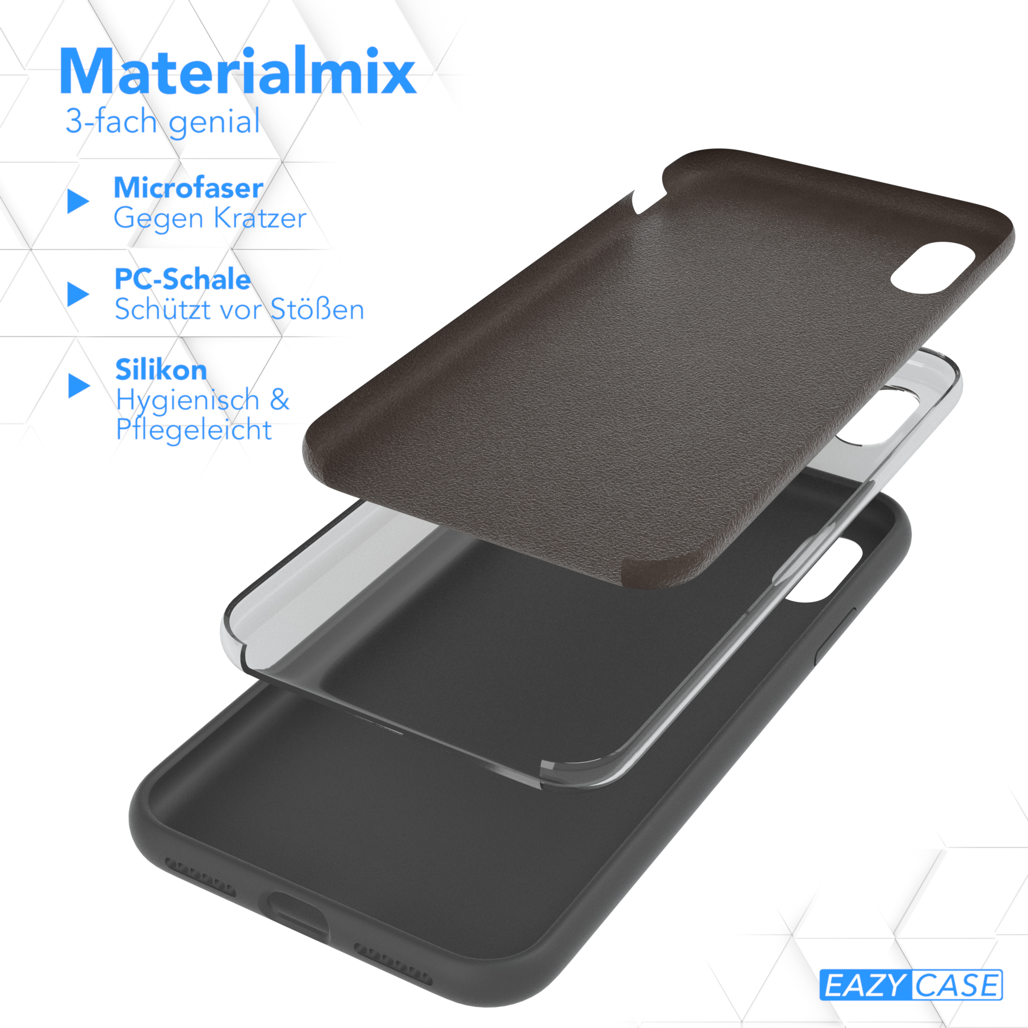 Handyhülle-Schichten: Mikrofaser, PC-Schale, Silikon. Text: Materialmix 3-fach genial.