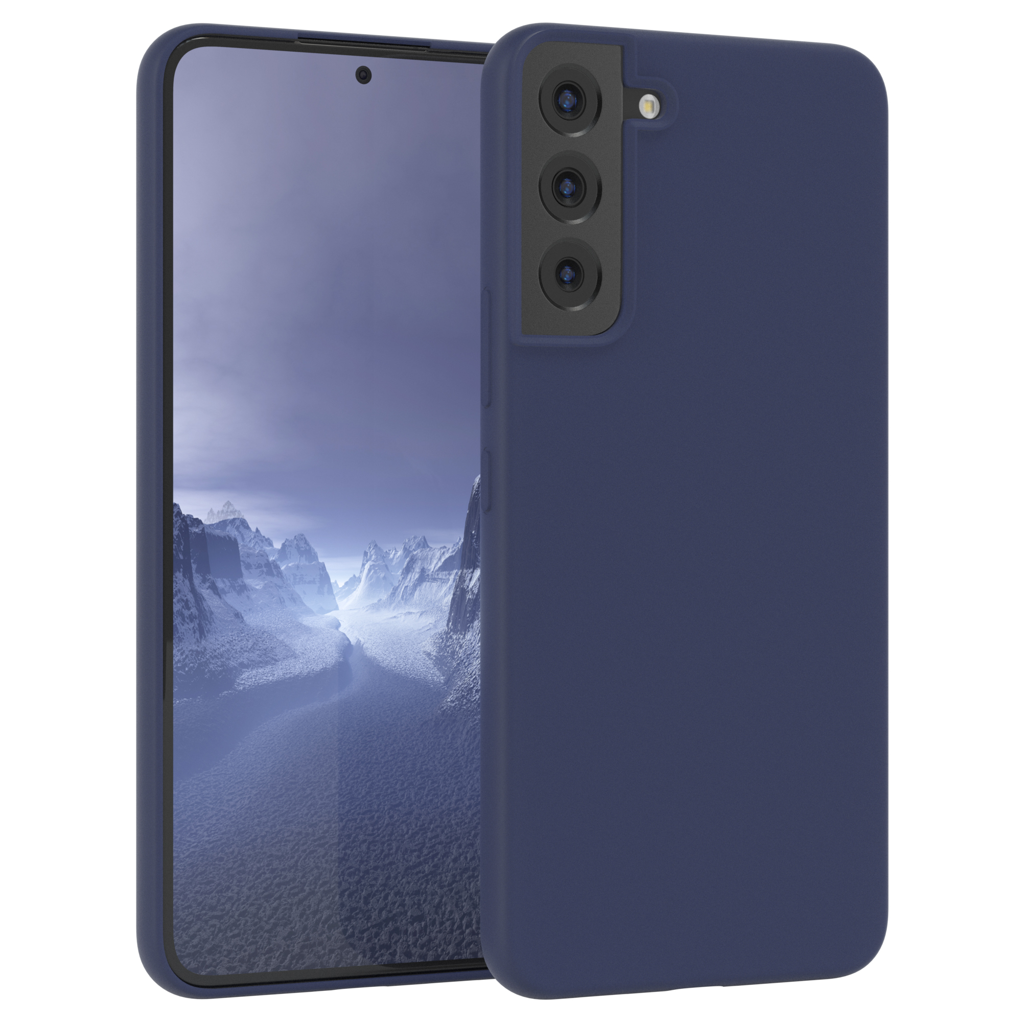 Blaue Handyhülle mit Handy, das eine Berglandschaft zeigt. Das Handy ist in einer Hülle.