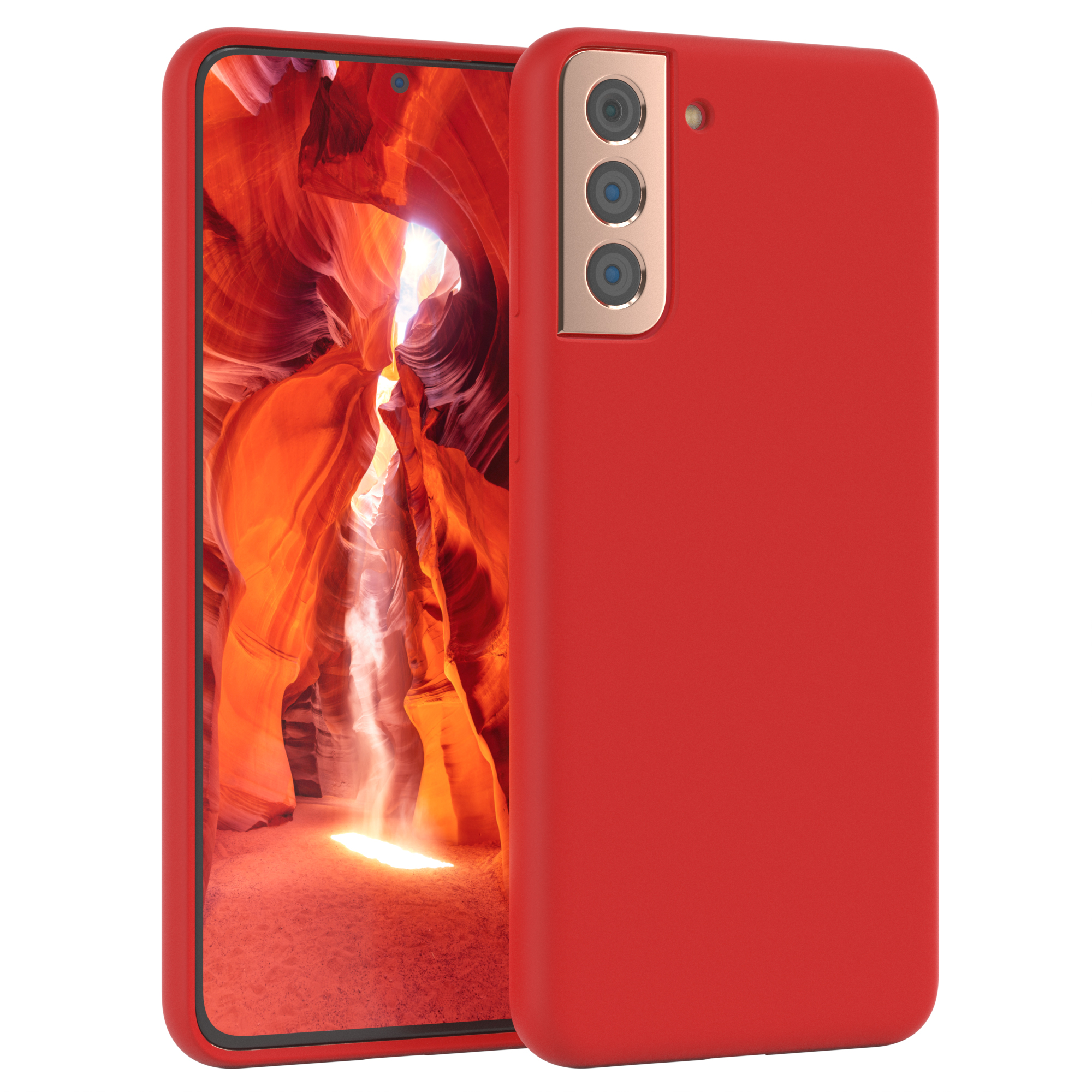 Rote Handyhülle mit Telefon. Der Bildschirm zeigt eine Canyon-Landschaft.