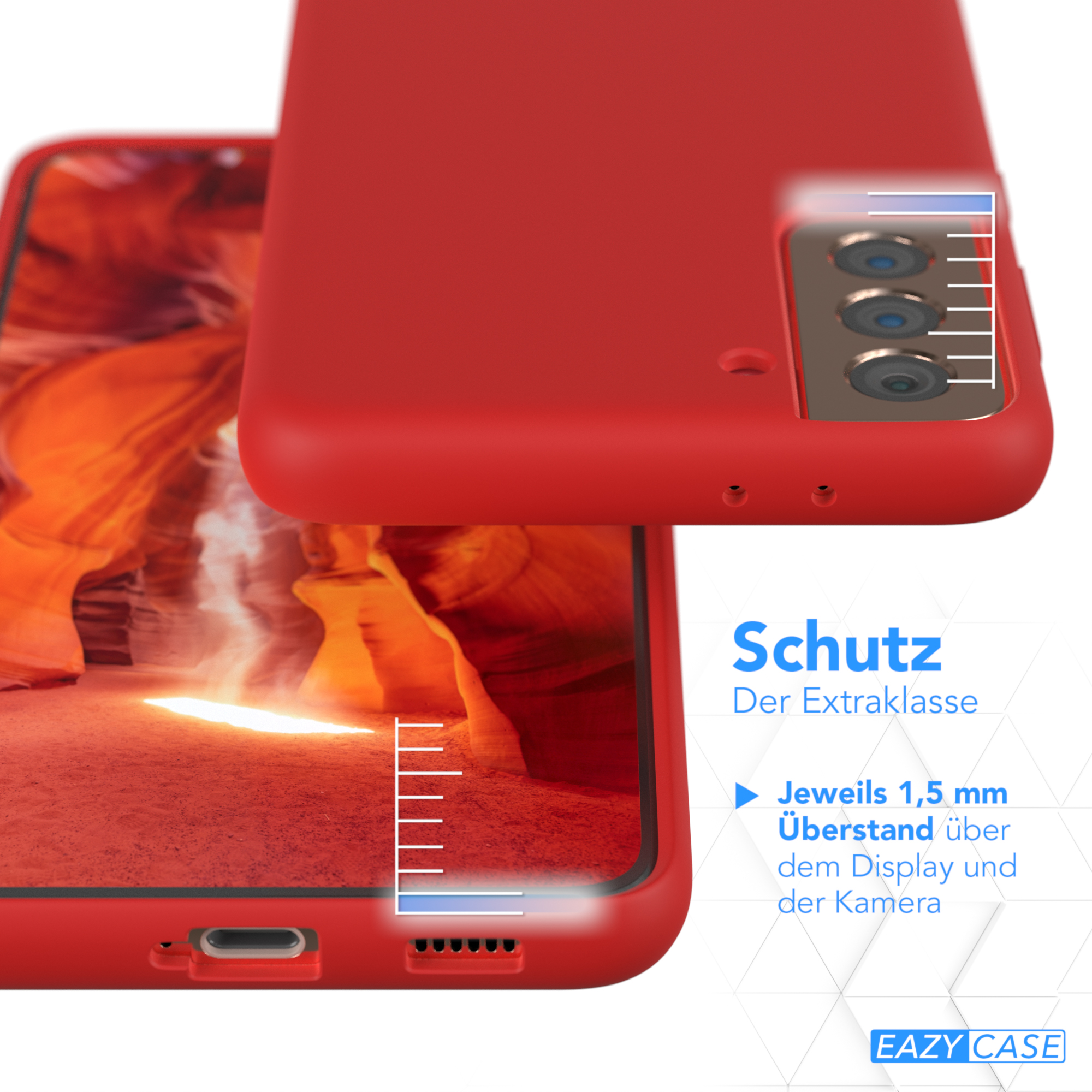 Rote Handyhülle mit Telefon, roter Hintergrund. Text lautet 'Schutz' und '1,5 mm Überstand'.