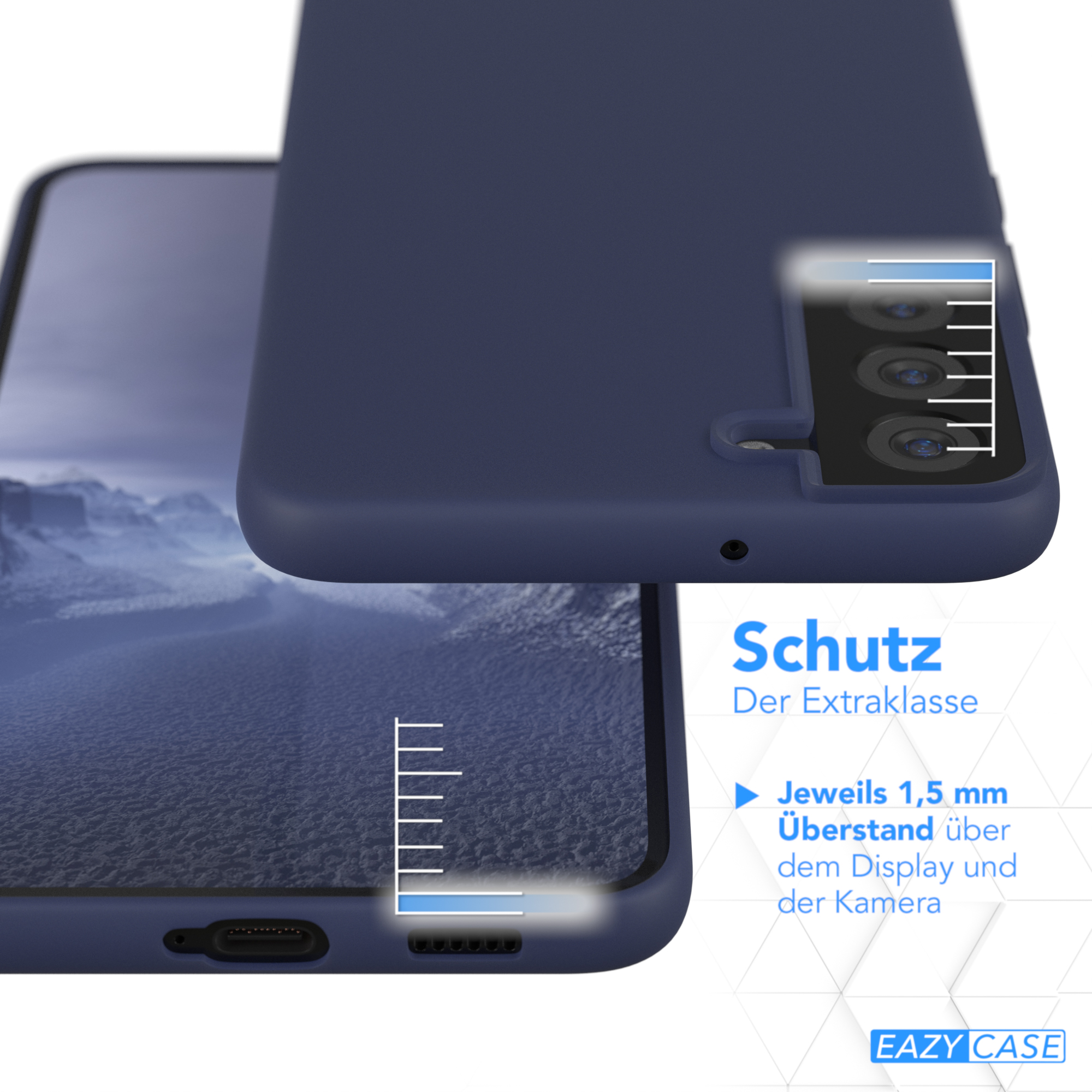 Dunkelblaue Handyhülle auf einem Handy, mit gleicher Farbstruktur im Hintergrund, Produktaufnahme.