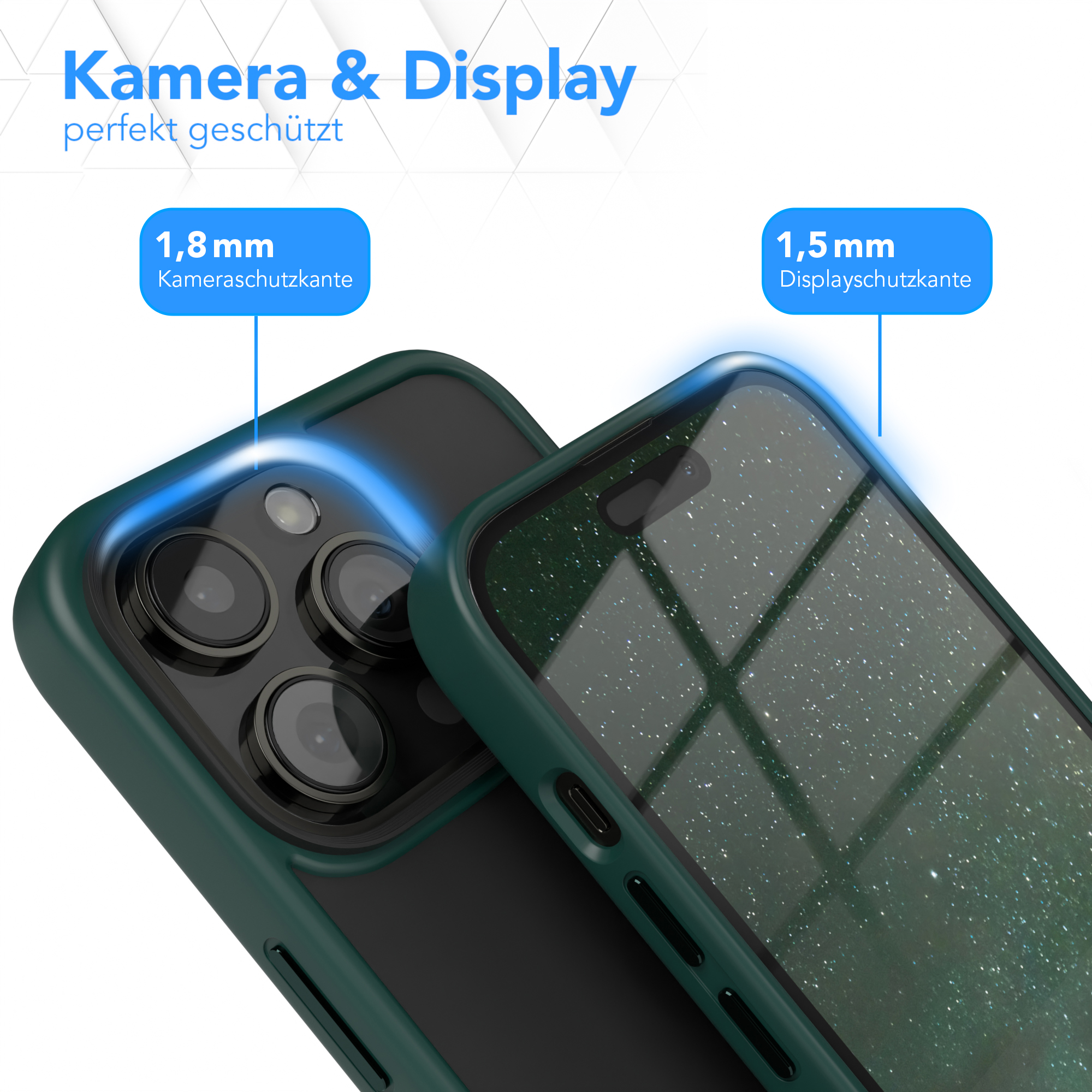 Zwei Handyhüllen, eine grün, zeigen Kamera- und Displayschutz, mit blauen Detailpfeilen.