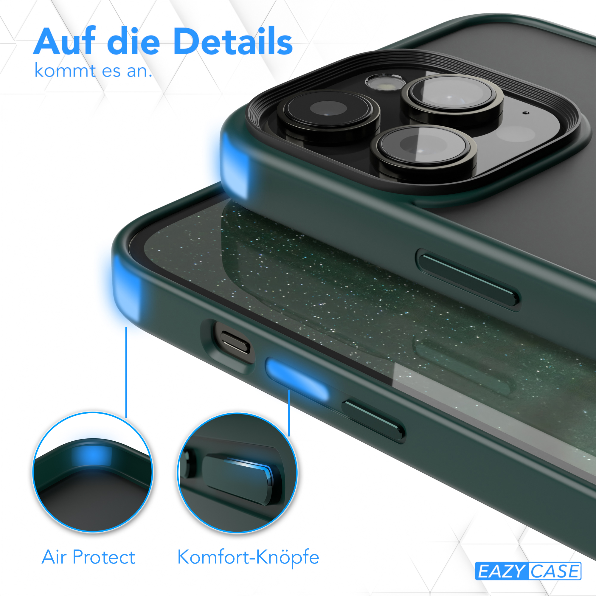 Nahaufnahme einer Handyhülle mit Details wie Air Protect und Komforttasten. Der Hintergrund ist unscharf.