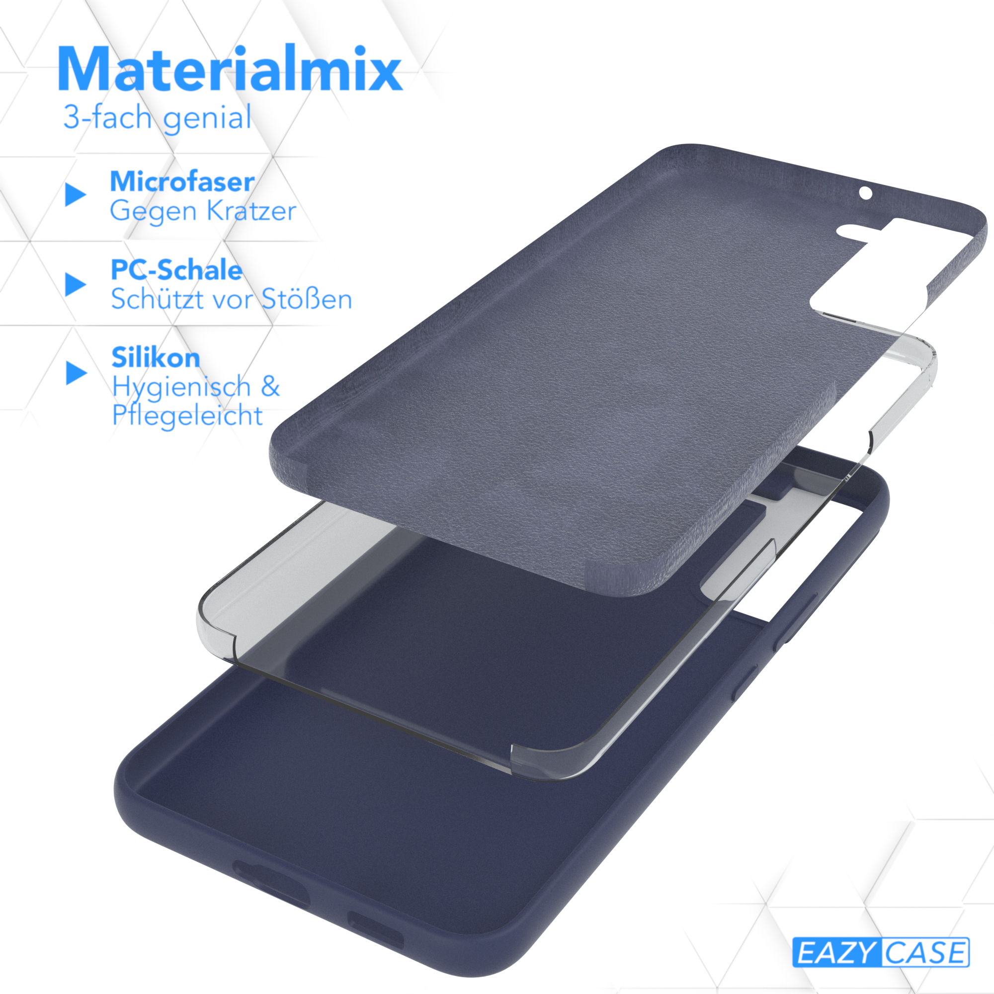 Geschichtete Handyhülle: Mikrofaser, PC-Schale und Silikon. Blaue Hülle.