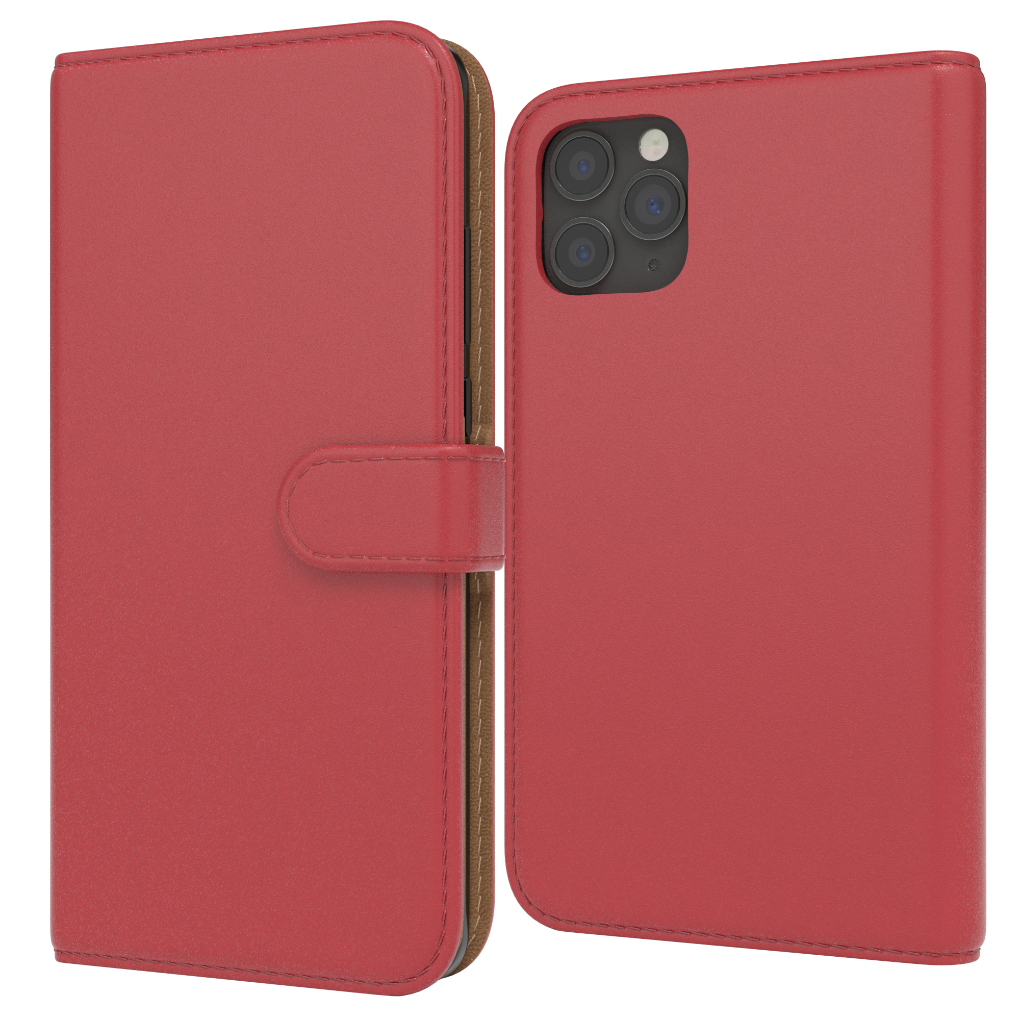 Rote Leder-Handyhülle, mit Verschluss und offen, um das Telefon zu zeigen. Braune Innenseite.