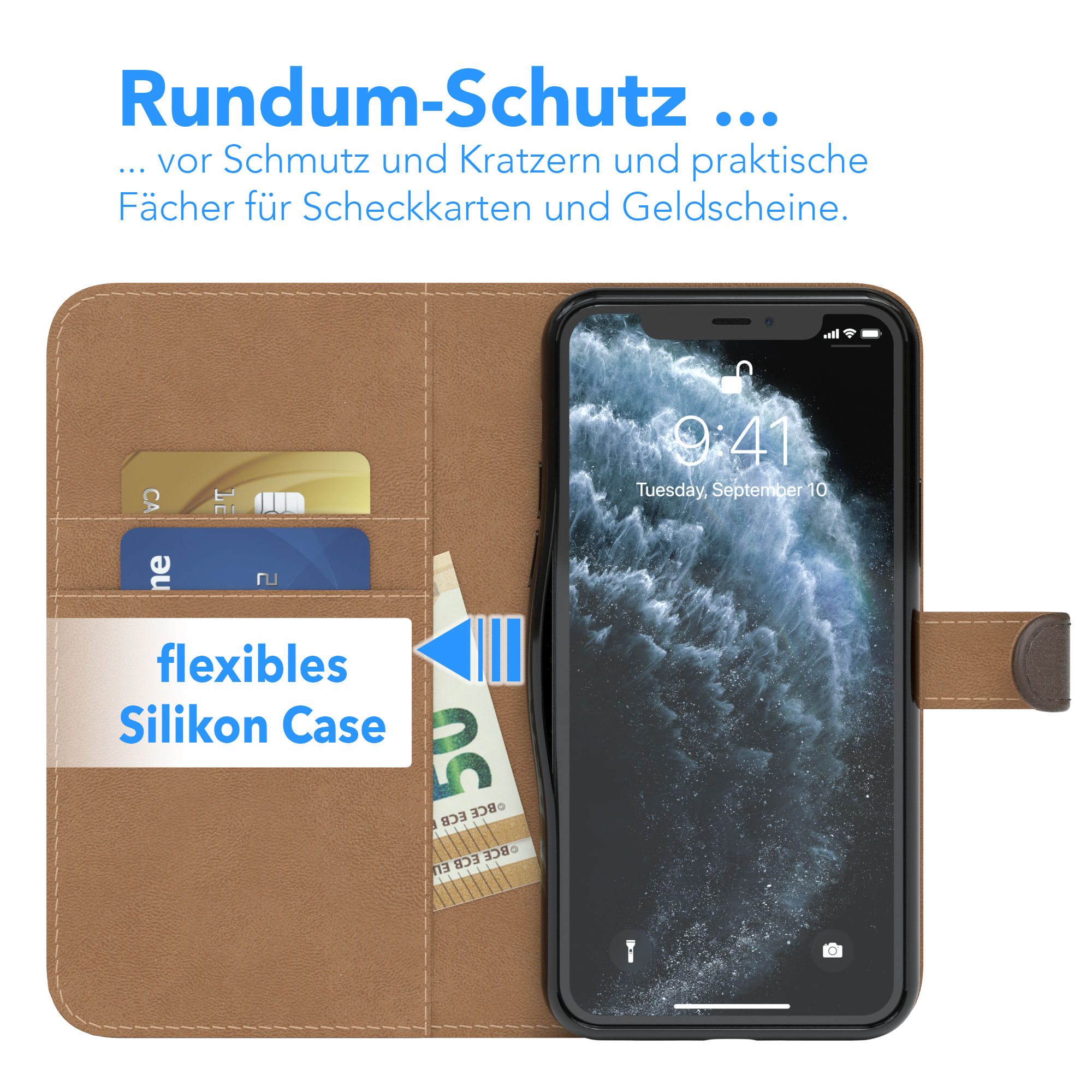 Smartphone in brauner Lederhülle mit Kartenfächern und Geldfach. Der Bildschirm ist eingeschaltet.