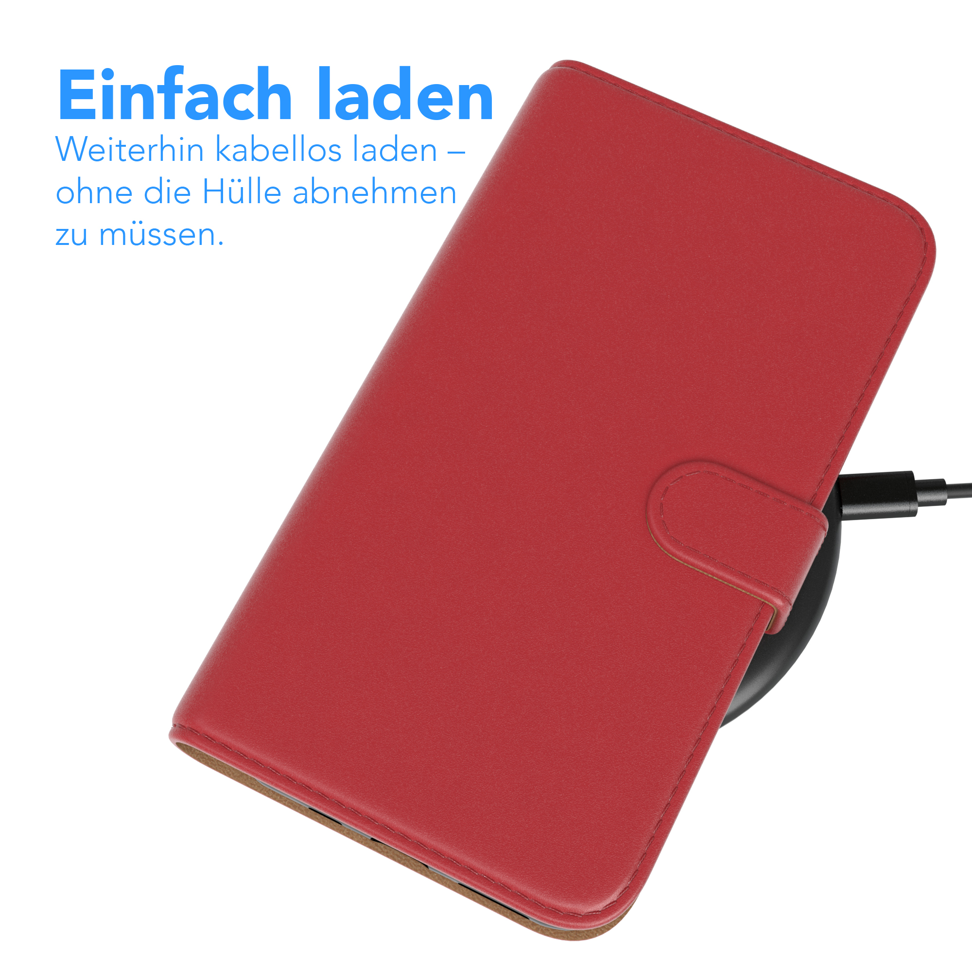 Rote Handyhülle auf einem kabellosen Ladegerät. Die Hülle ist geschlossen und mit dem Ladegerät verbunden.