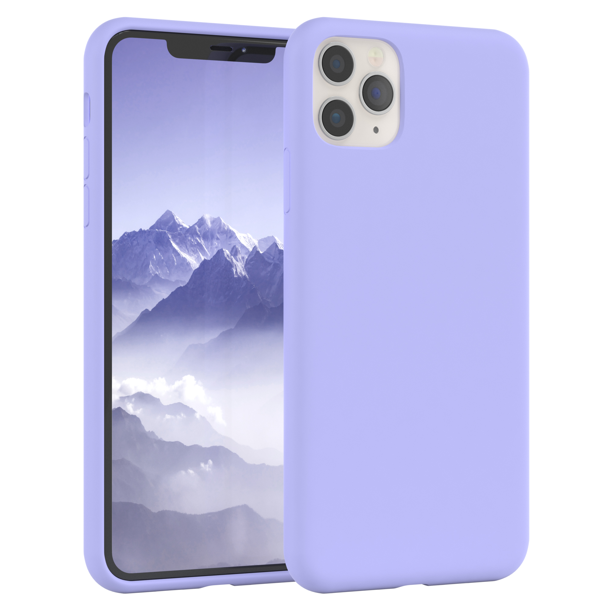 Ein lavendelfarbenes Telefon in einer Hülle, das sich an das Display des Telefons mit Bergansicht anlehnt.