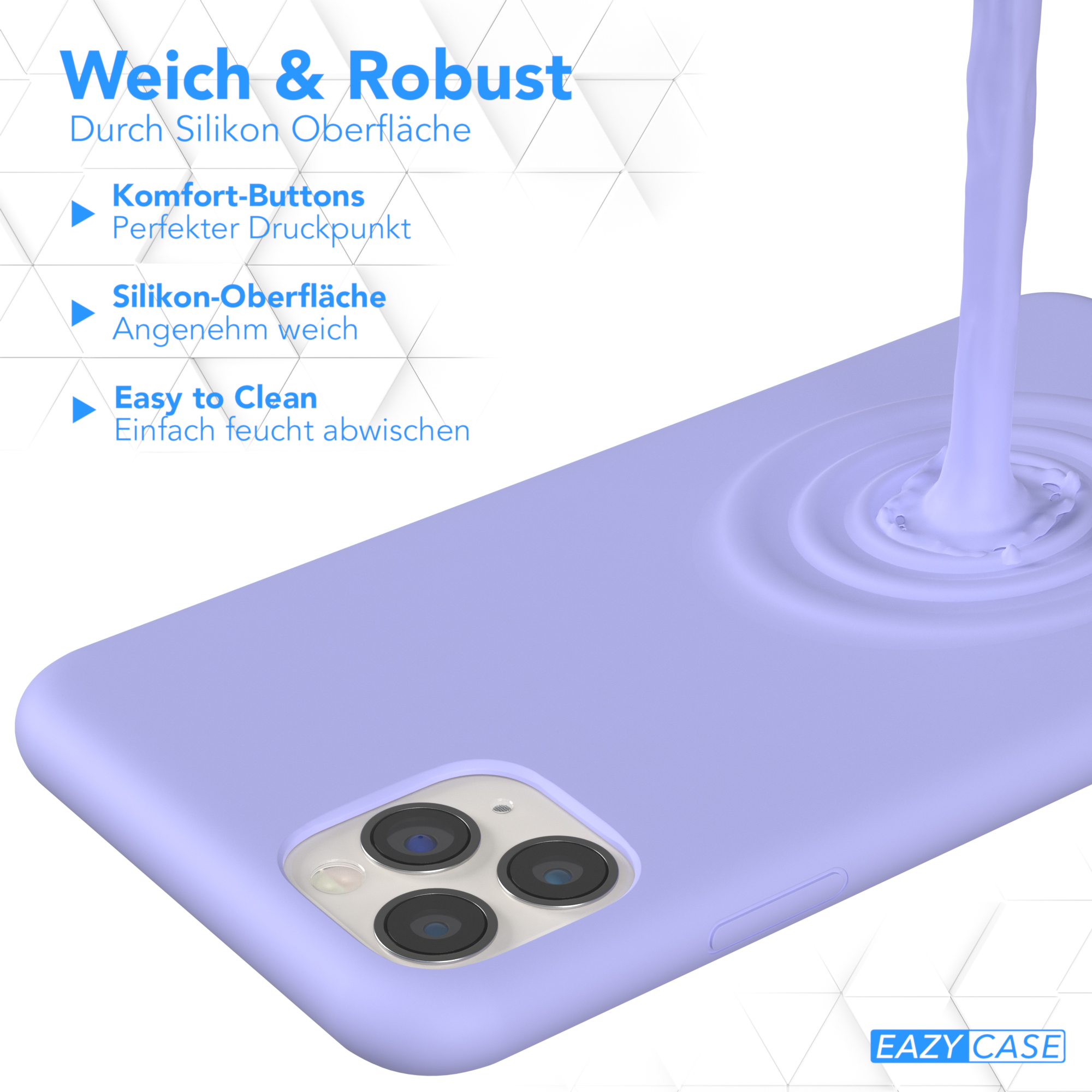 Eine lilafarbene Handyhülle mit Telefon, mit einer Flüssigkeit, die herunterfließt. Text: Weich & Robust, Easy to Clean.
