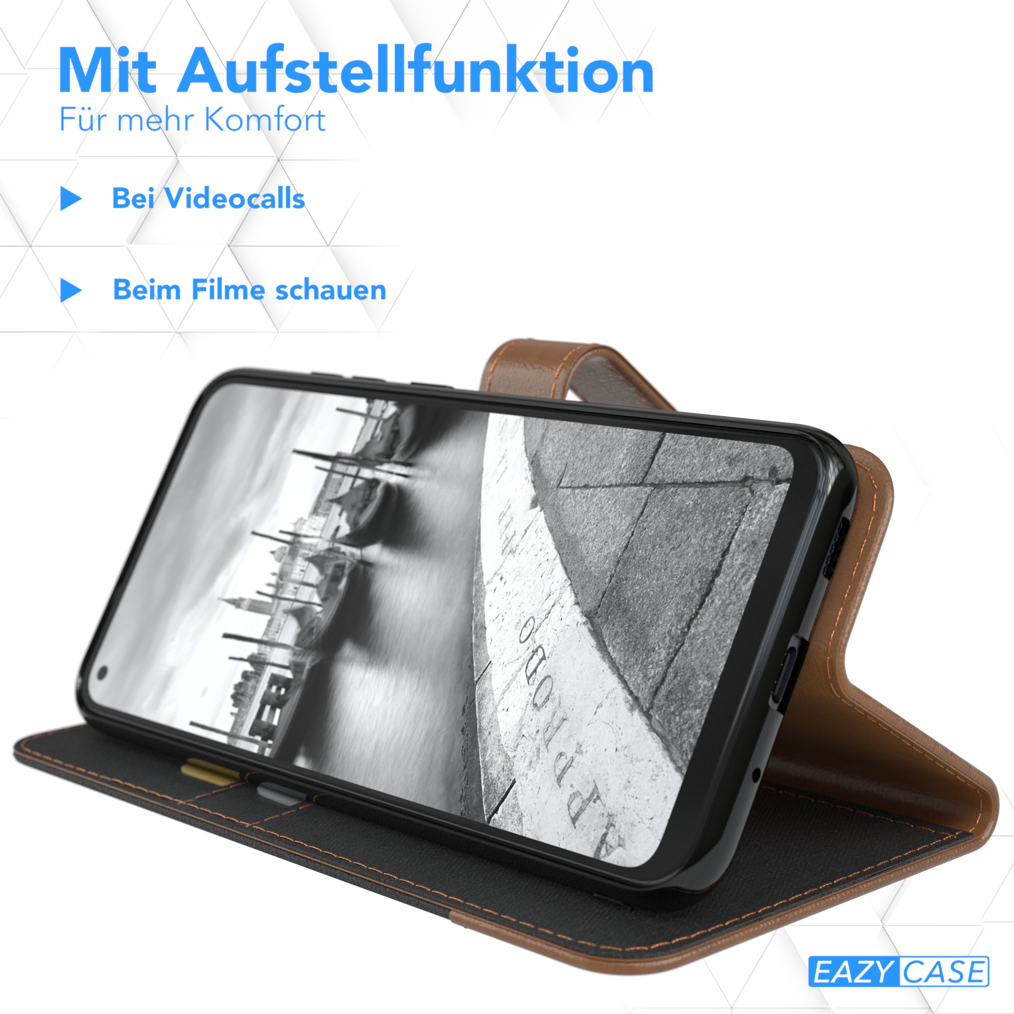 Handyhülle mit Telefon, zum Aufstellen eingerichtet. Die Hülle hat ein braunes Äußeres und ein schwarzes Innere.