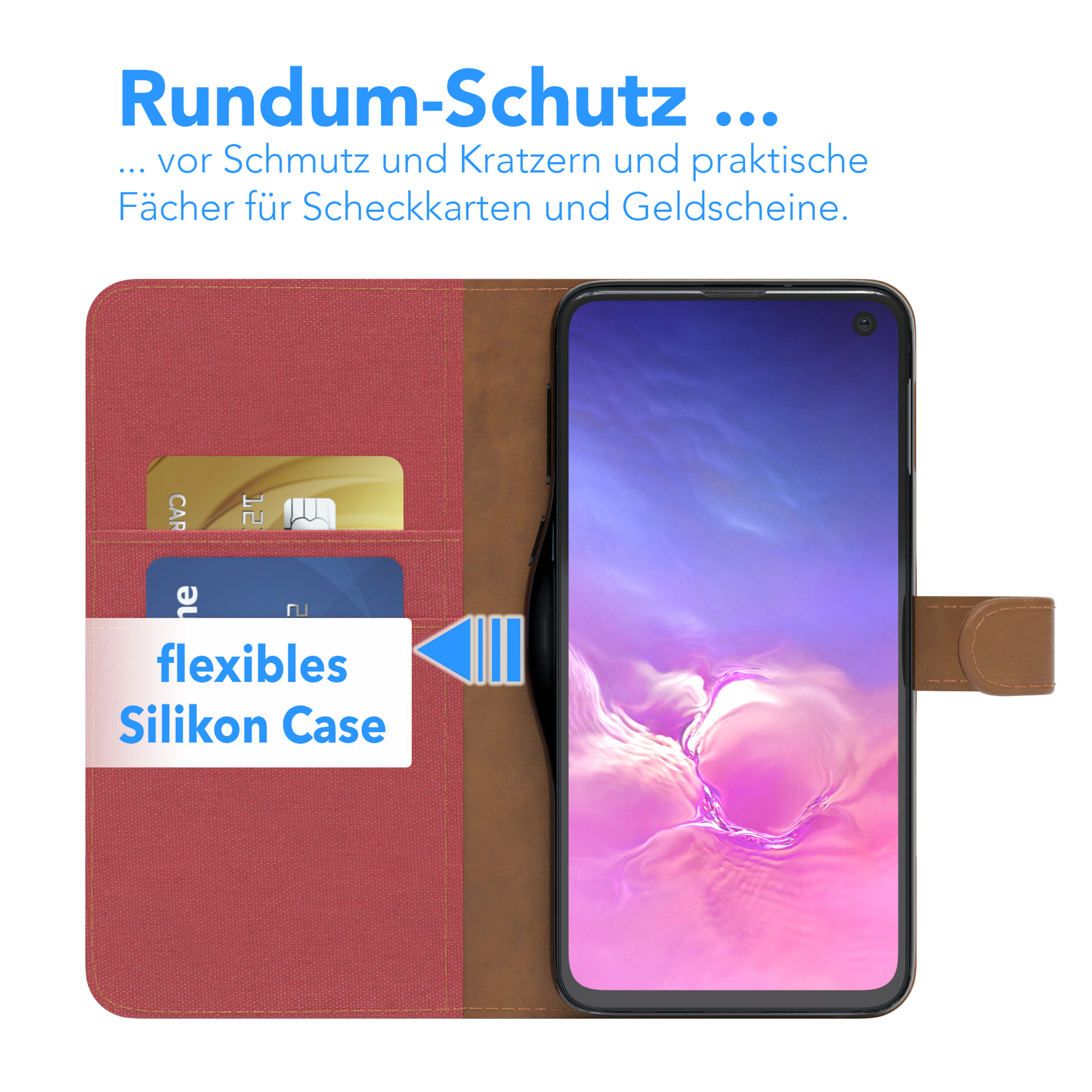 Handyhülle mit Karten und Telefon. Rotbraune Außenseite mit Silikonhülle.
