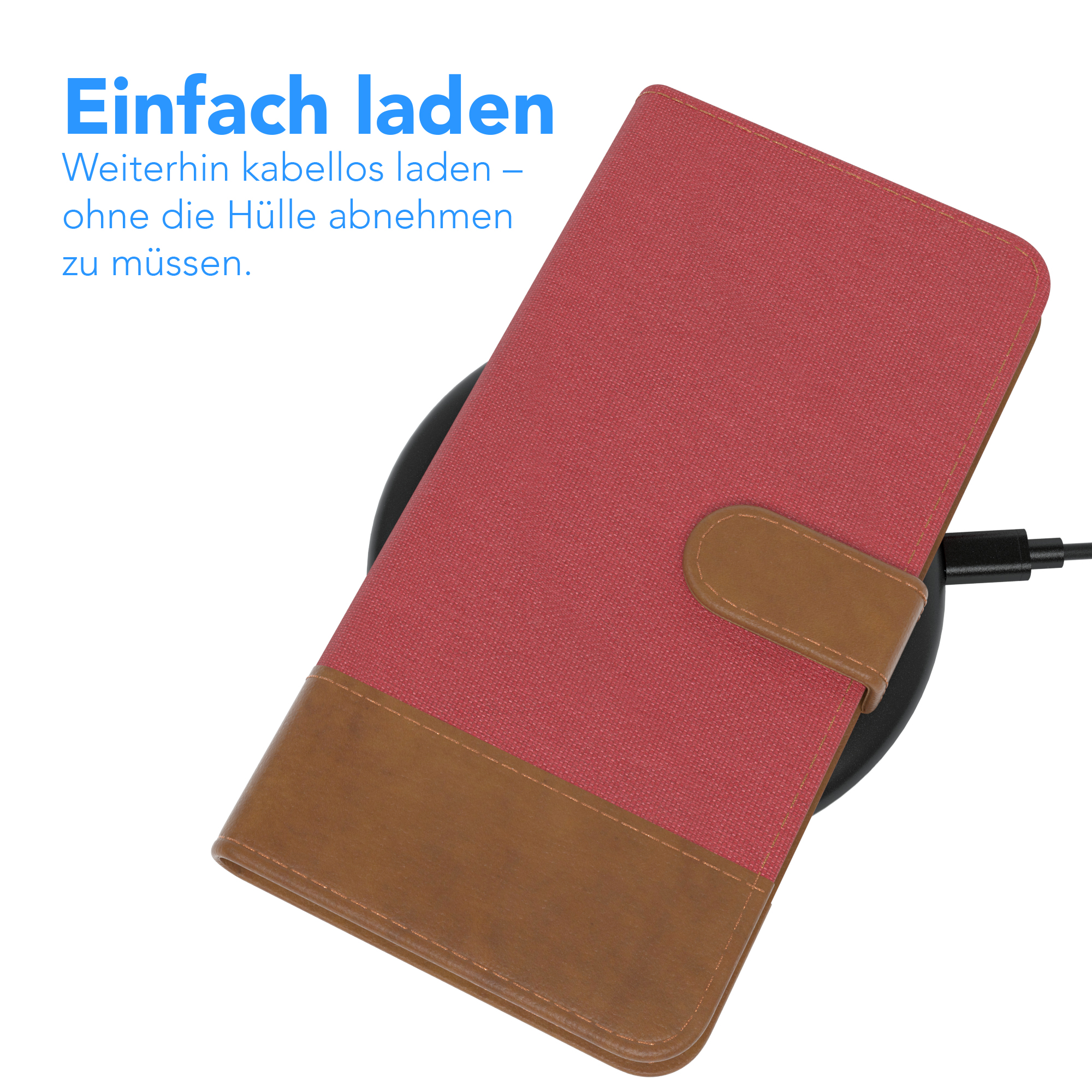 Telefon in roter Hülle, das auf einem kabellosen Ladegerät geladen wird. Text: Einfach laden.