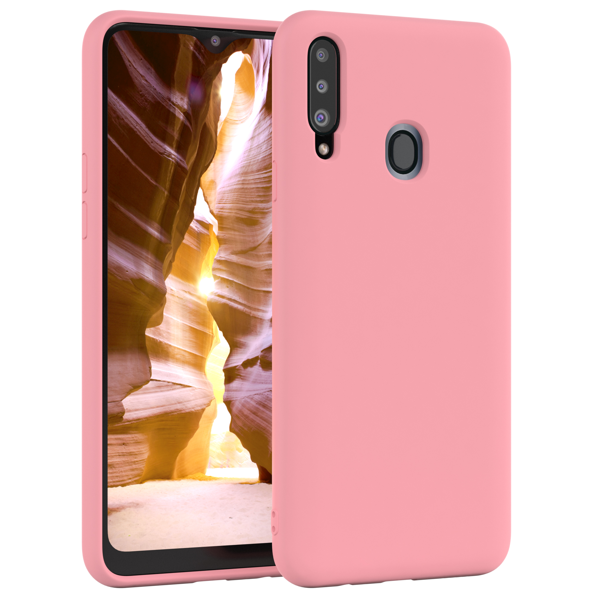 Rosa Handyhülle auf Telefon. Telefon zeigt eine Canyon-Ansicht.