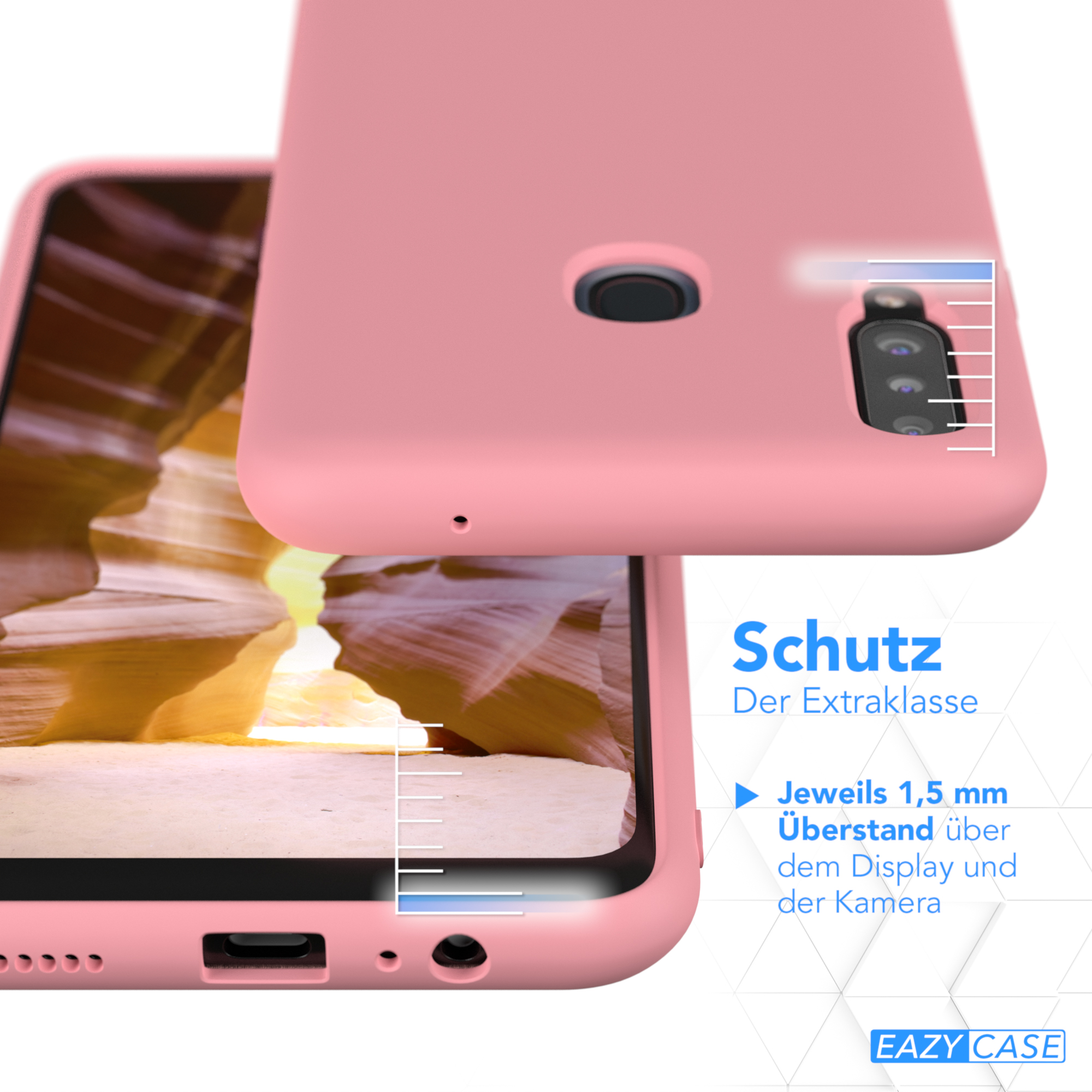 Eine pinke Handyhülle mit Kameraausschnitten, Text über Schutz und teilweise sichtbarem Telefon.