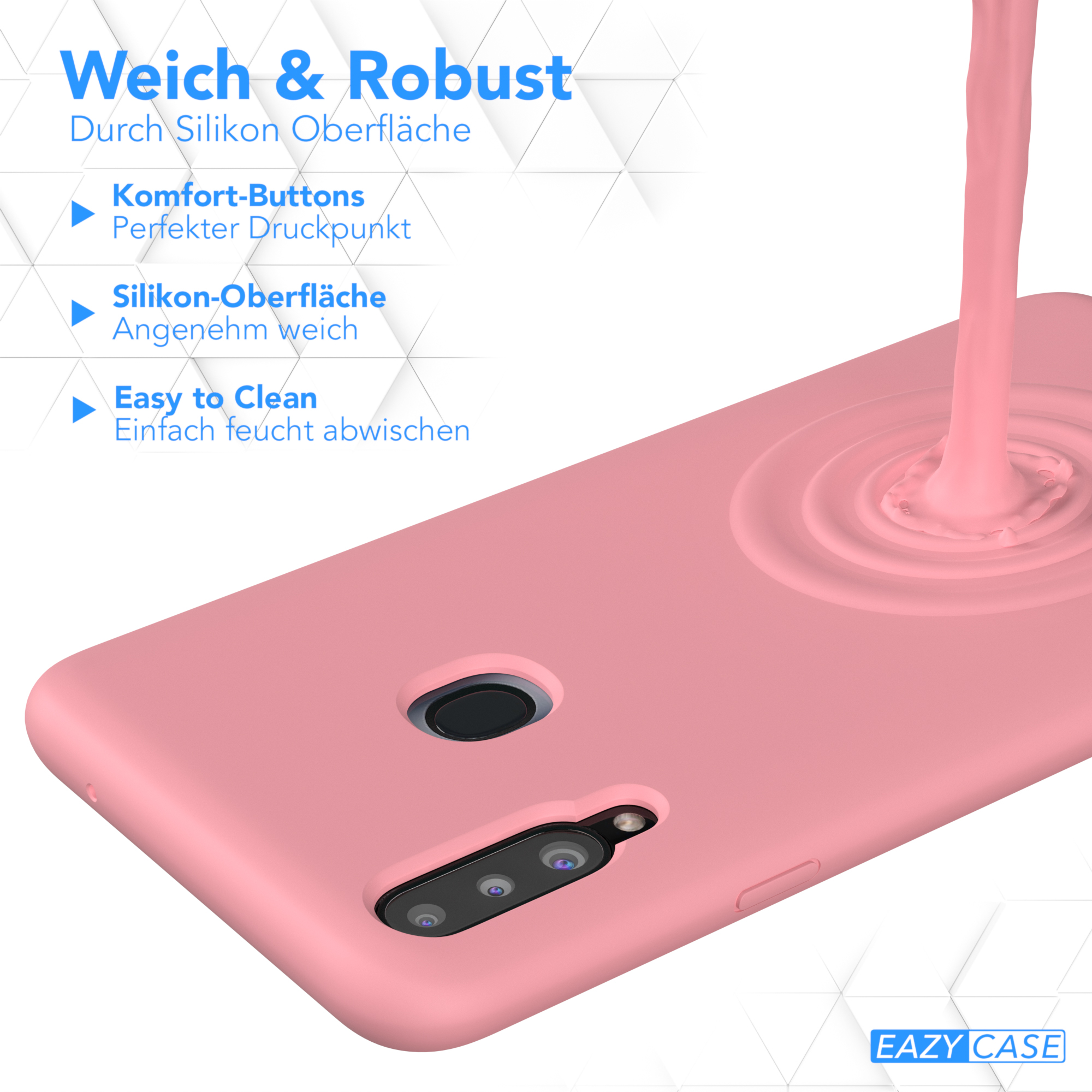 Rosa Handyhülle mit Flüssigkeitsguss, Blasen und Telefonumriss. Weißer Hintergrund.