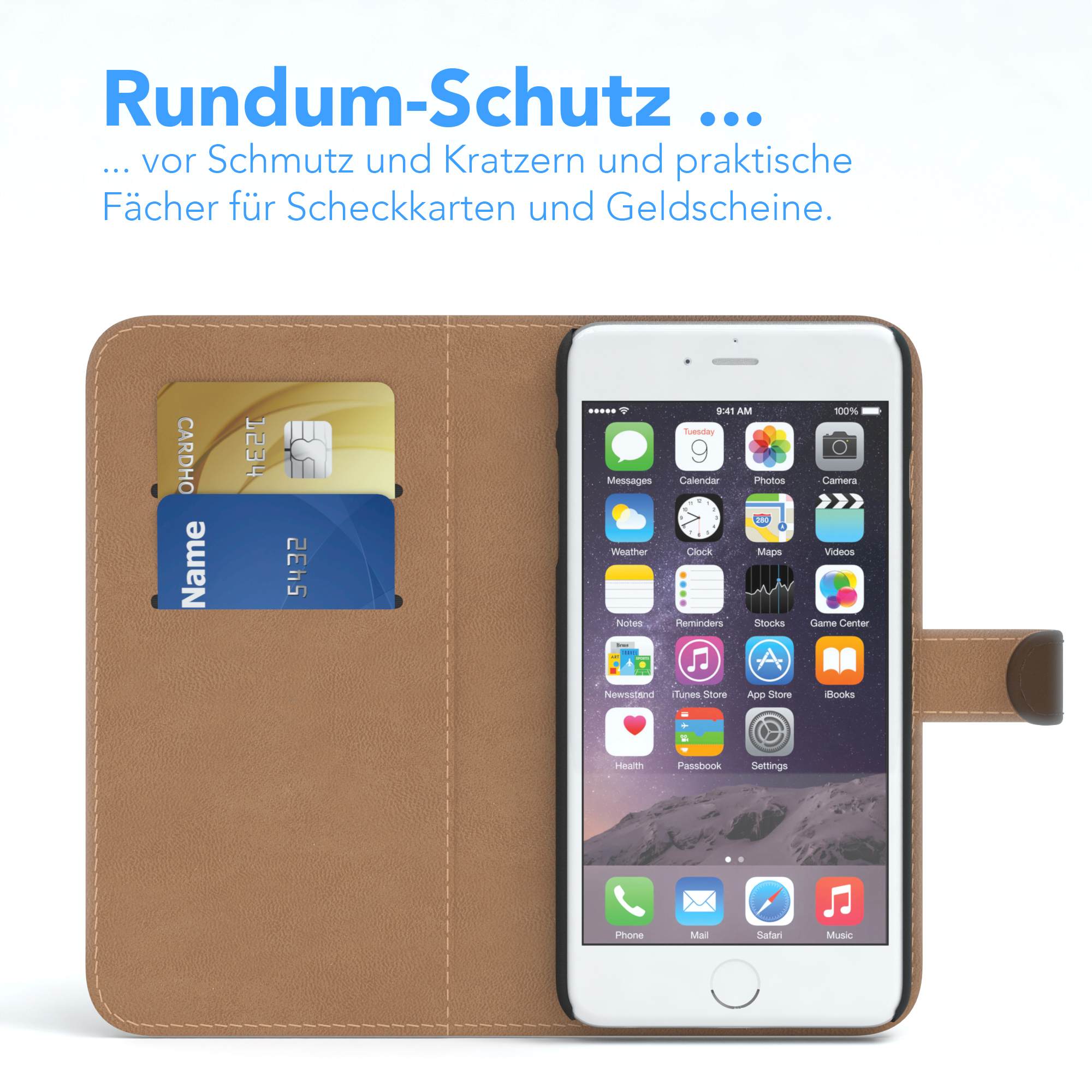 Telefon mit Karten in einer braunen Hülle. Text: Rundum-Schutz.