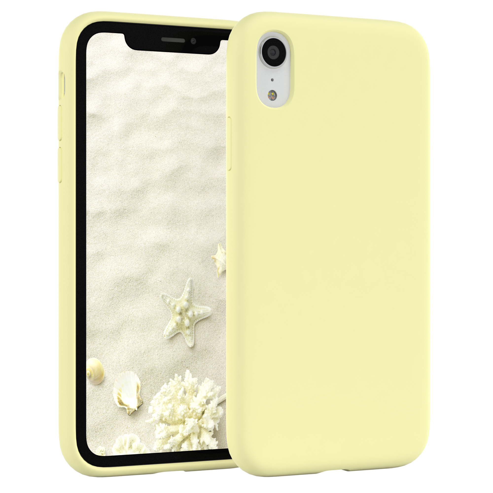 Gelbe Handyhülle mit Telefon, das eine Strandszene mit Seesternen und Muscheln zeigt. Weißer Hintergrund.