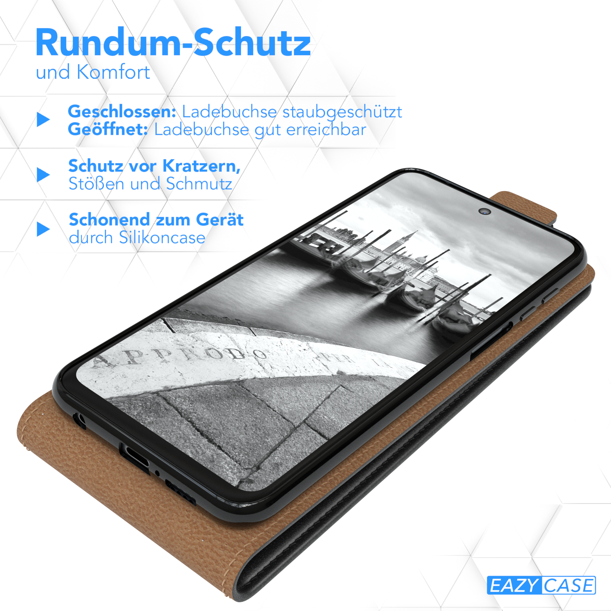 Geöffnete Handyhülle, zeigt ein Telefon. Die Hülle ist braun, das Innere rot. Das Telefon zeigt eine Dock-Szene.