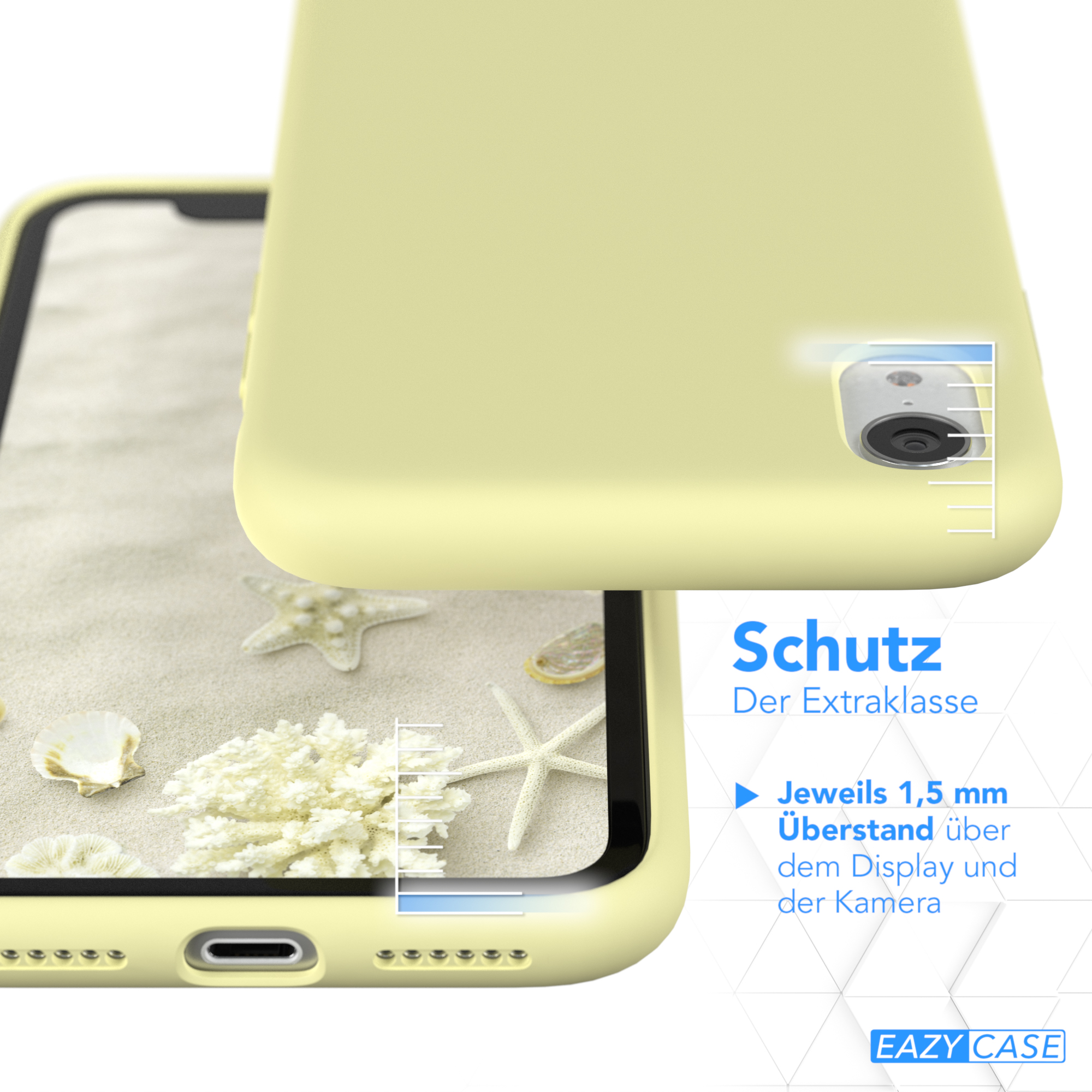 Gelbe Handyhülle über dem Telefon, Strandhintergrund. Text sagt "Schutz" und "1,5 mm Überstand".