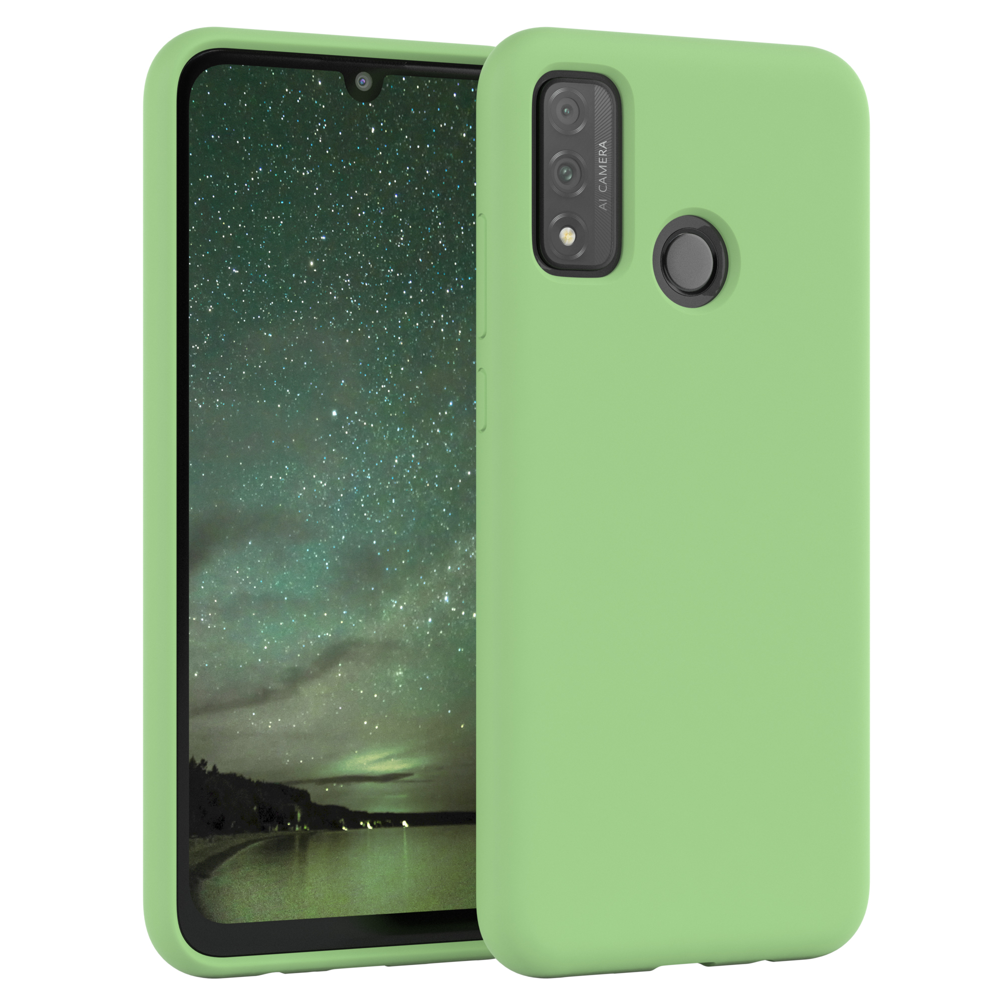 Grüne Handyhülle mit grünem Telefon. Hintergrund ist eine Nachthimmelansicht.