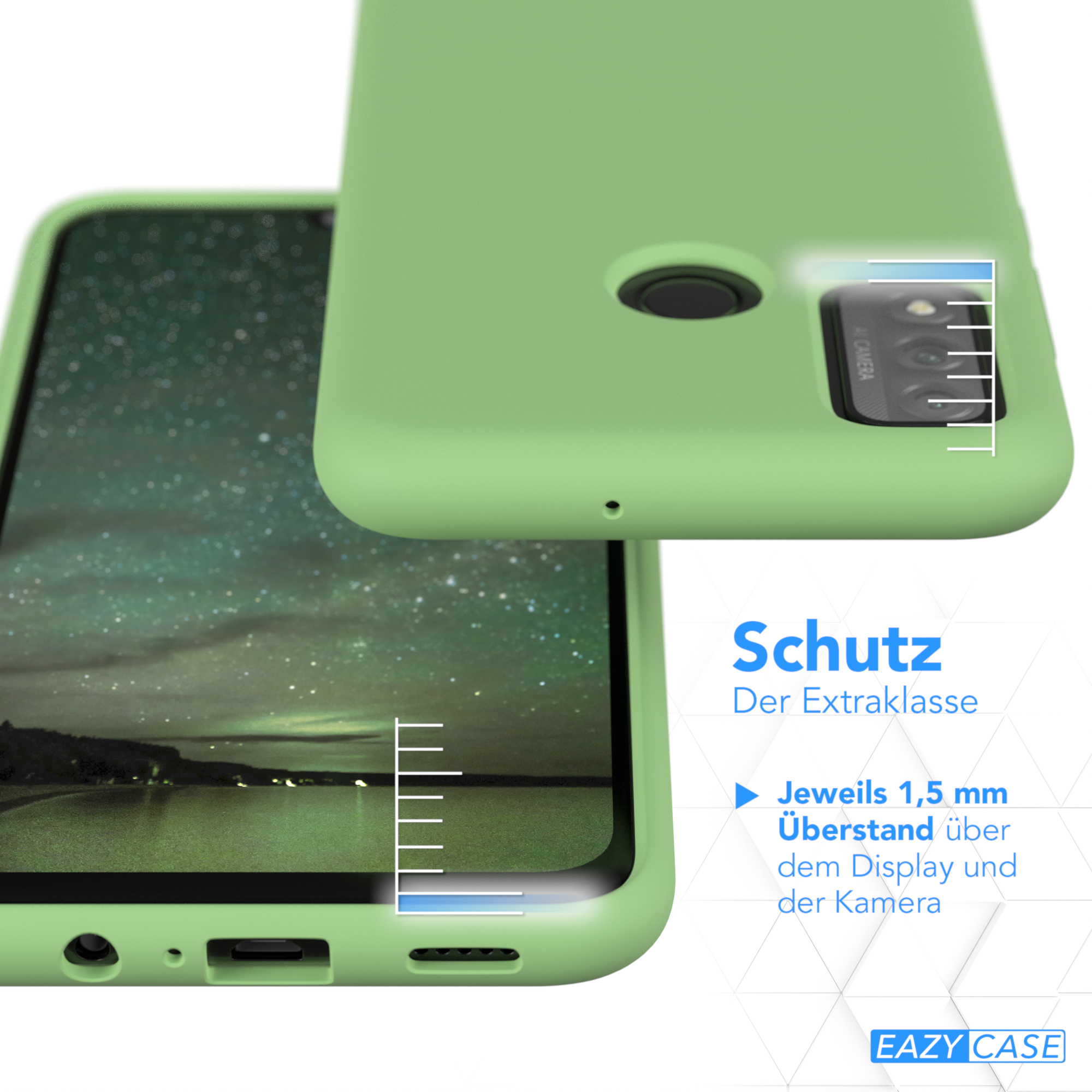 Grüne Handyhülle mit Kamera- und Bildschirmdetails. Text mit Schutz und Eazy Case Logo.