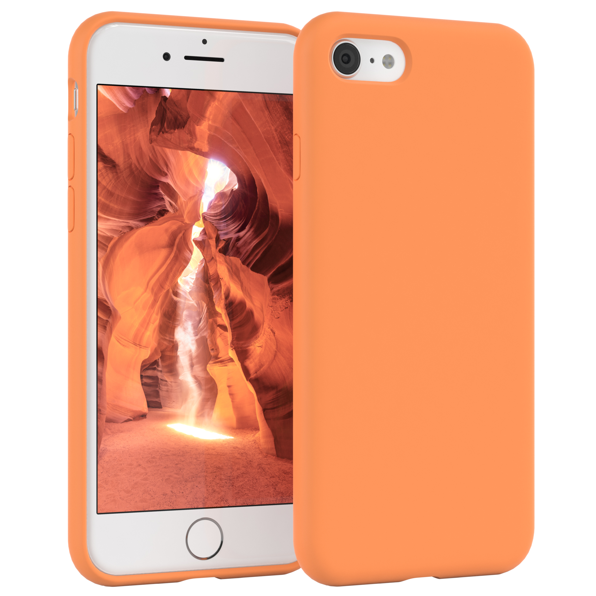 Oranges Telefon mit orangefarbener Hülle. Der Bildschirm zeigt einen Canyon. Der Hintergrund ist ein Canyon mit Sonnenlicht.