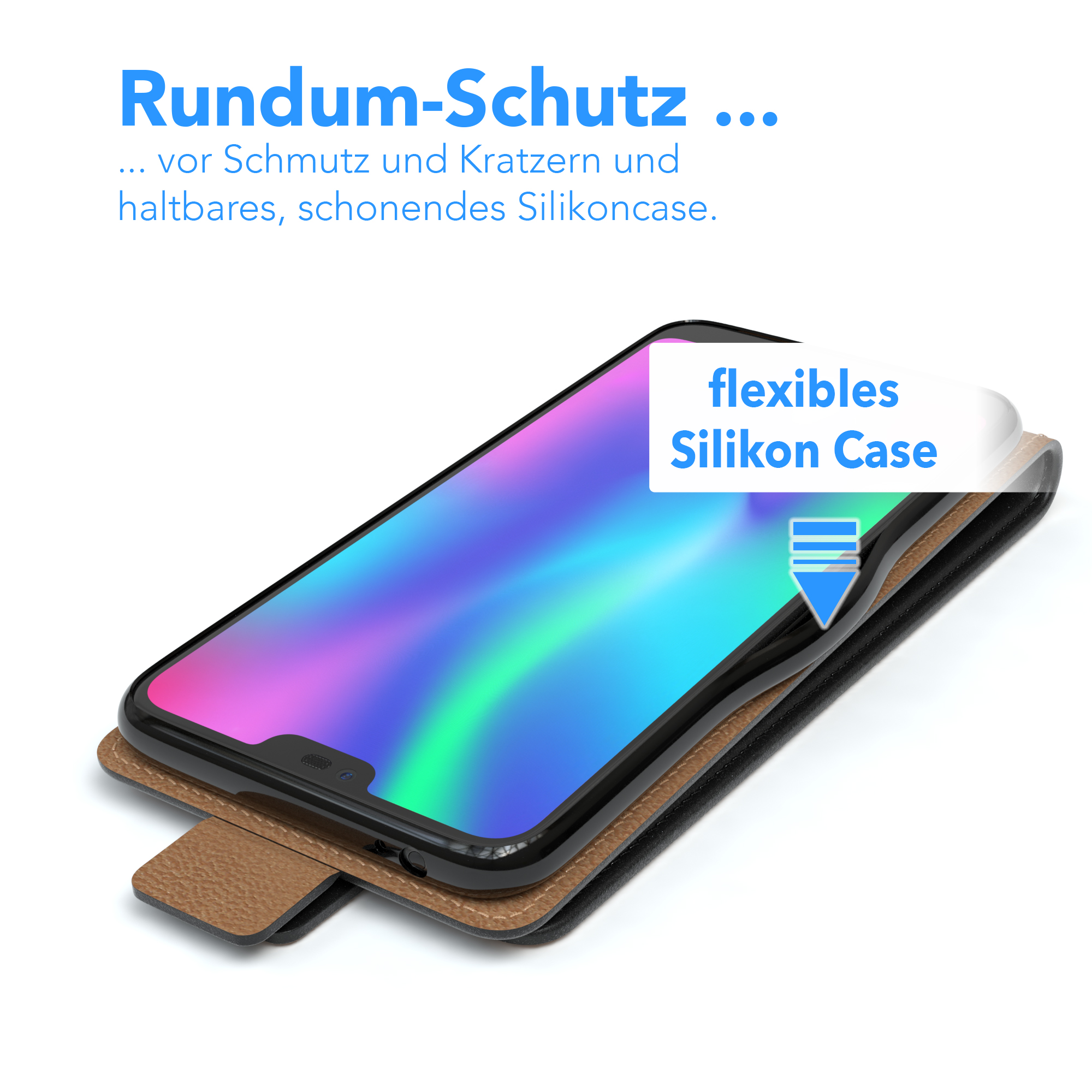 Telefon in Hülle, angewinkelt. Text lautet Rundum-Schutz und flexibles Silikon Case.