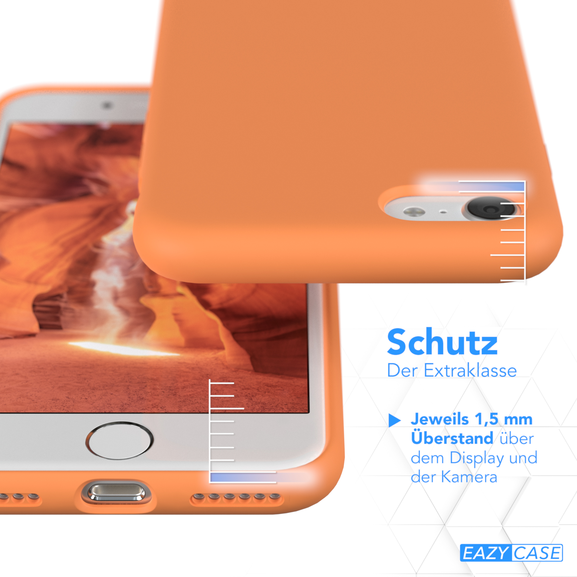 Orange Handyhülle mit Telefon im Hintergrund einer Landschaft. Text: Schutz, 1,5 mm über Display/Kamera.