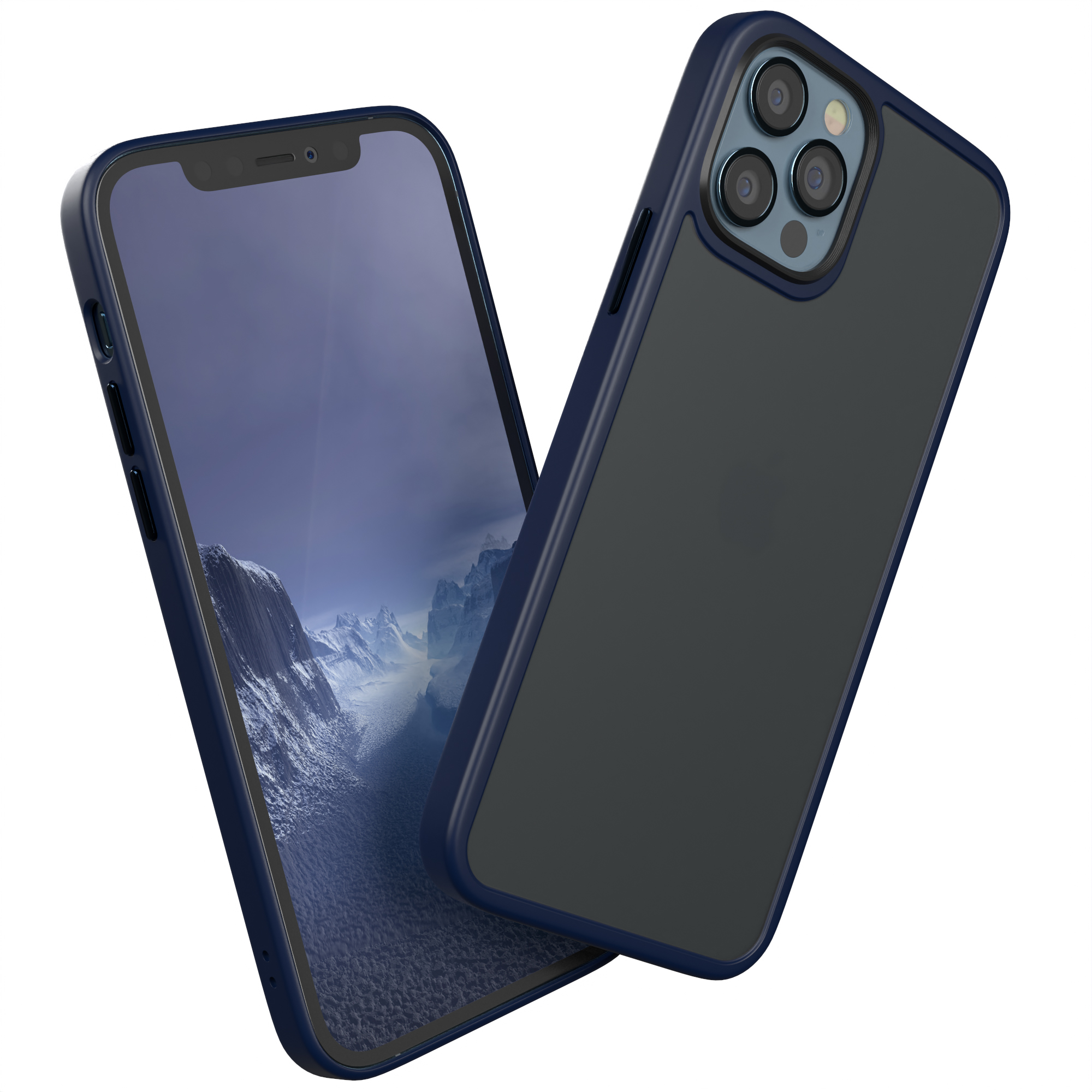Ein marineblaues Telefon in einer marineblauen Hülle, der Bildschirm zeigt einen dunklen Hintergrund. Gelehnt. Weißer Hintergrund.