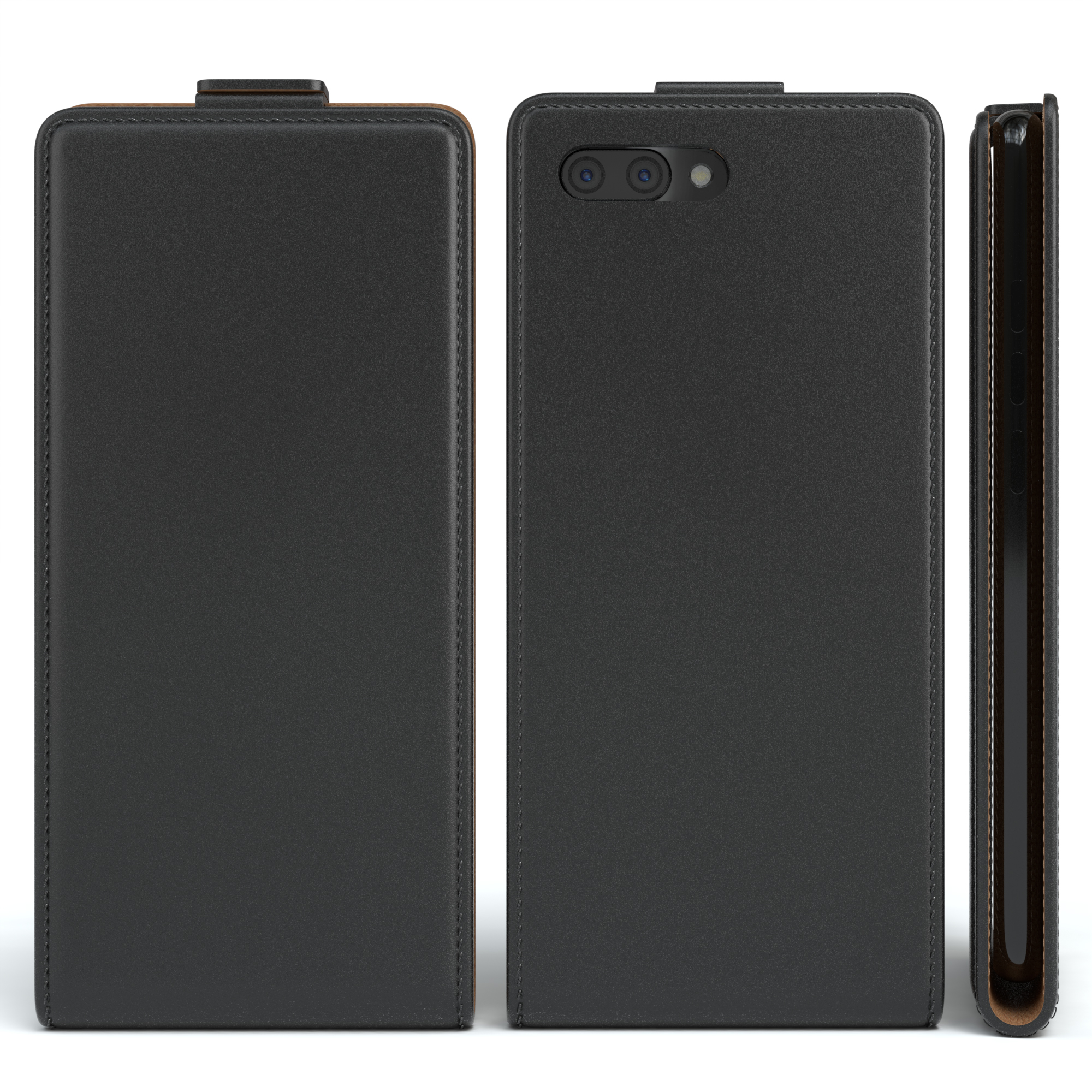 Schwarze Handyhülle geschlossen und geöffnet, mit einem Telefon darin.