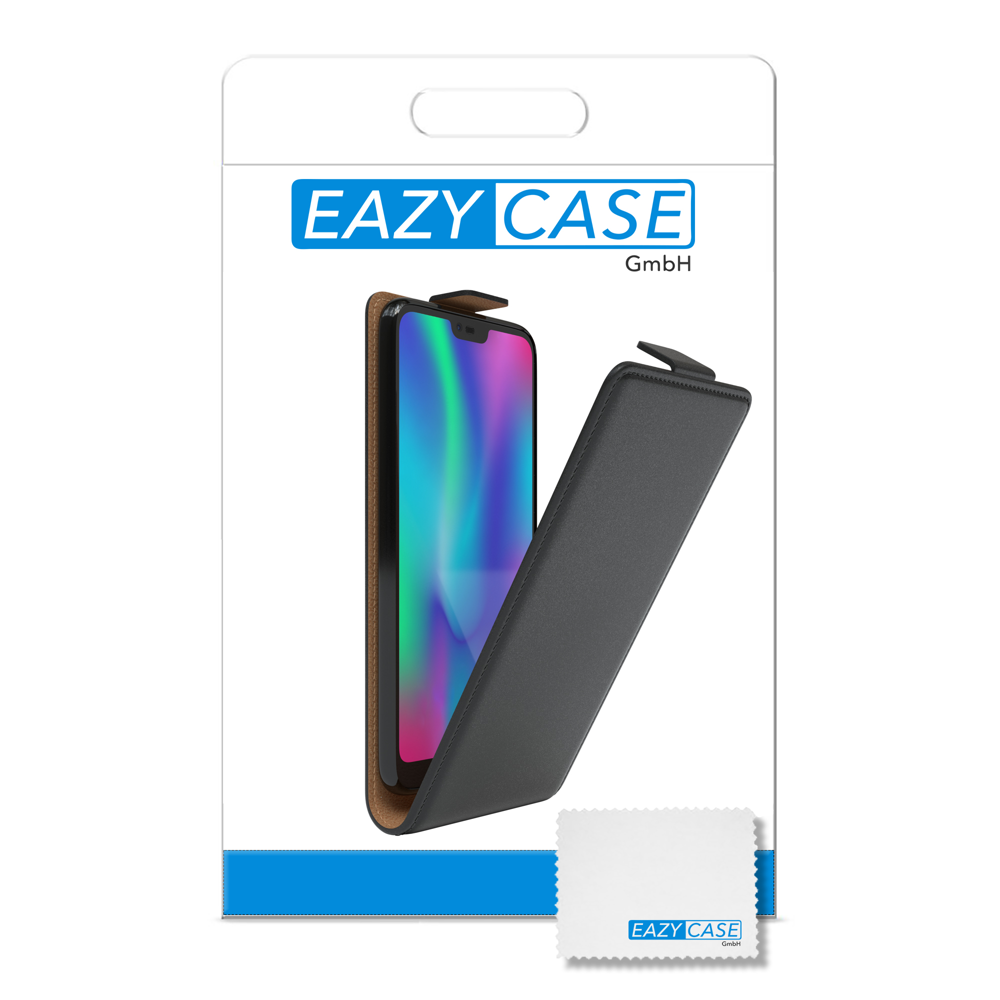 Handyhüllenverpackung, mit geöffneter Klapphülle. Text: 'EAZY CASE'.