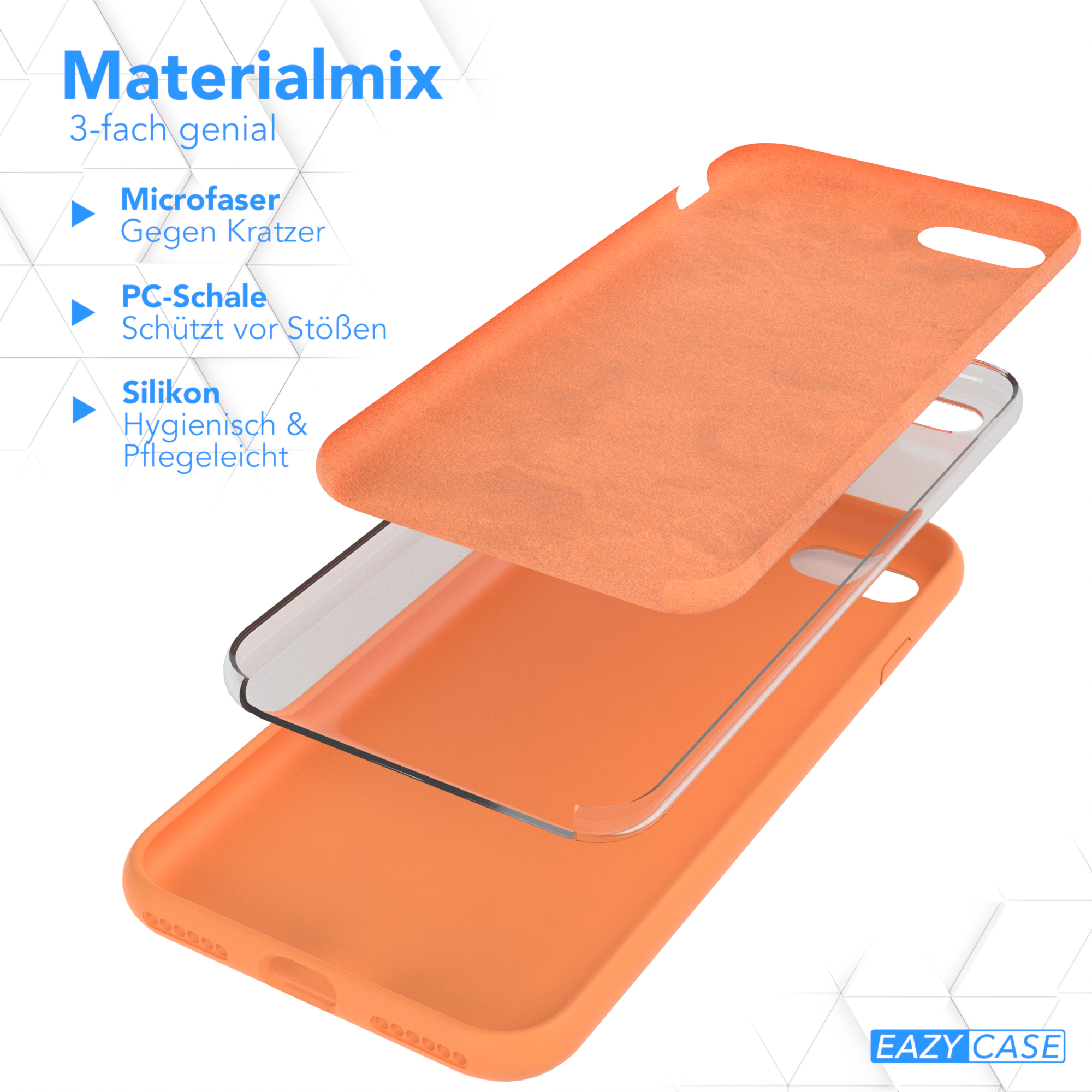 Orangefarbene Handyhülle mit drei Schichten: Mikrofaser, PC-Schale und Silikon. Eazy Case Logo.