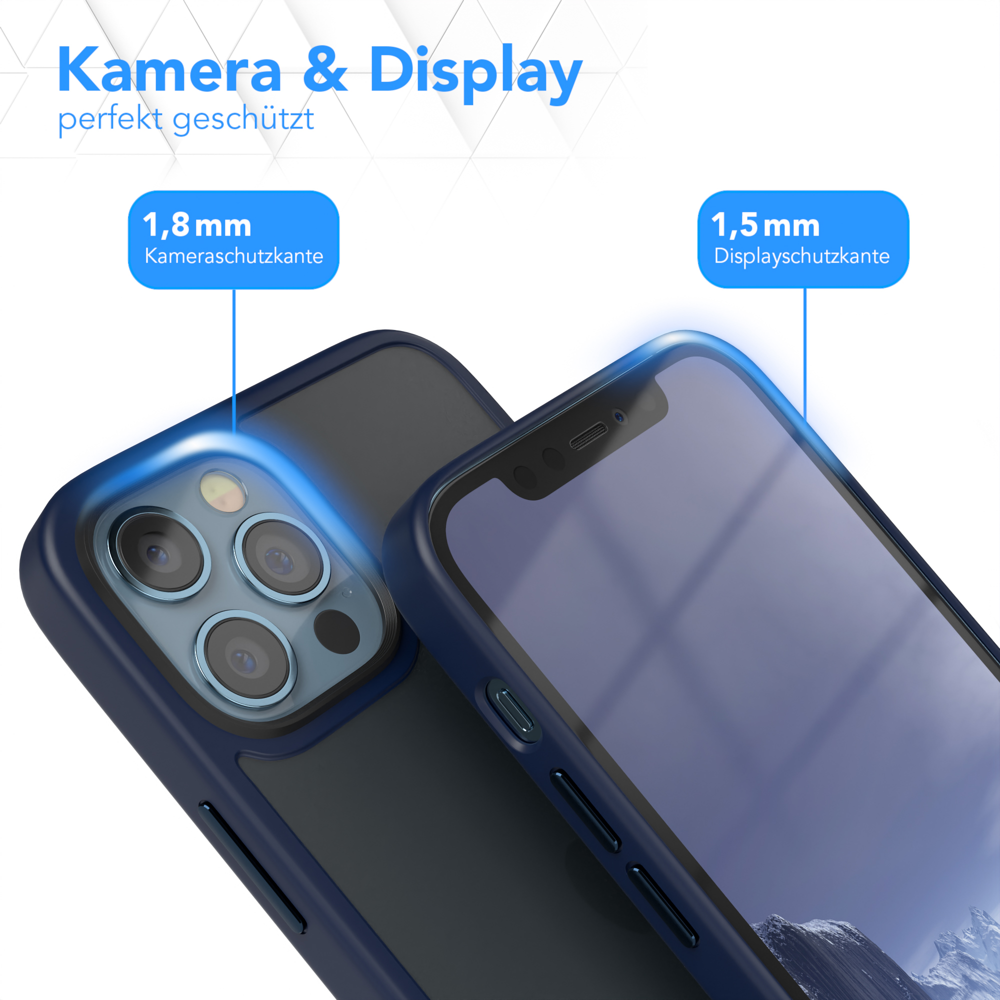 Zwei Telefone mit Hüllen, eines schwarz, eines blau, zeigen Kamera- und Bildschirmschutz. Text: 'Kamera & Display'.
