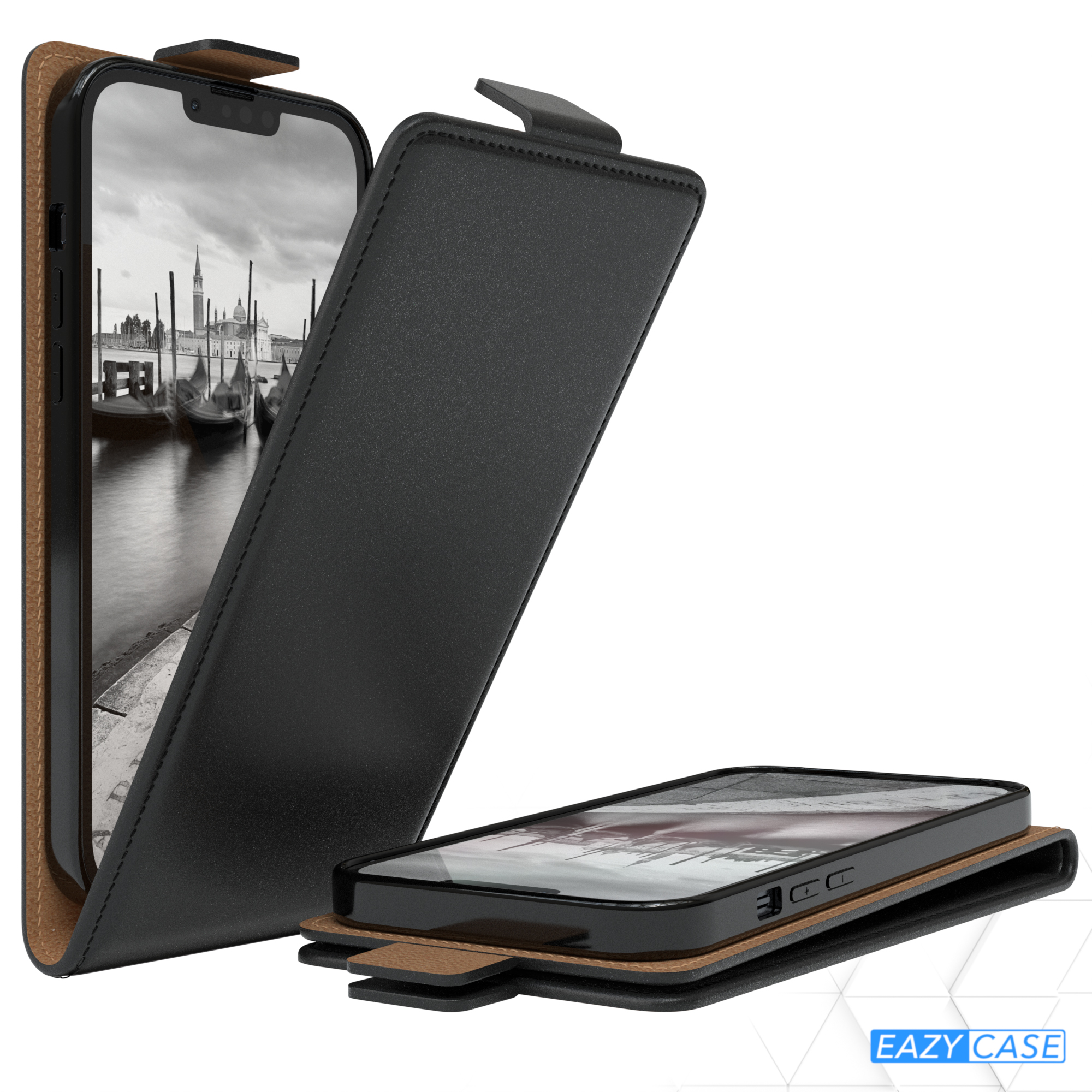 Handyhülle mit schwarzem Cover, geöffnet, um ein iPhone zu zeigen. Hintergrund: malerische Kanäle und Gebäude.
