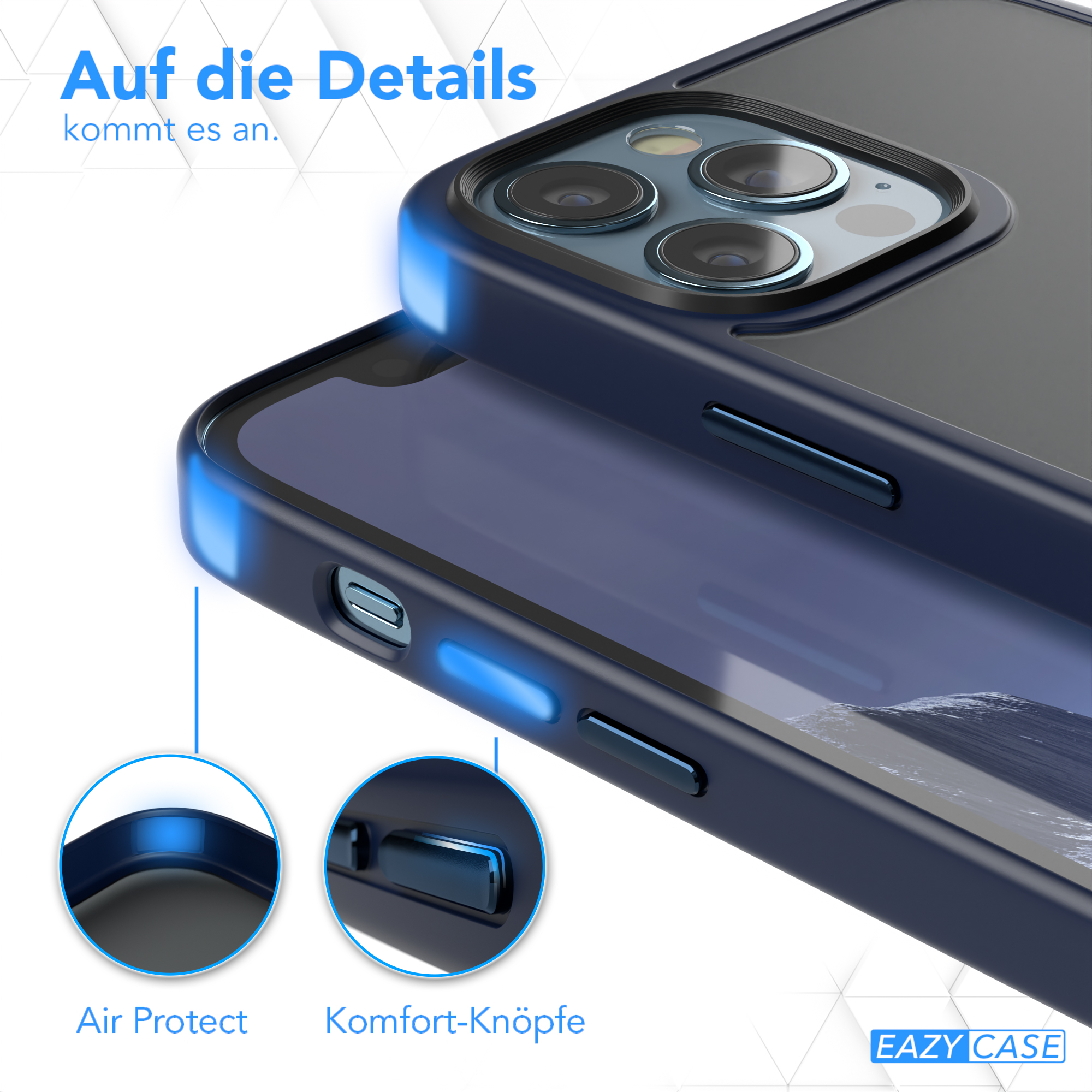 Nahaufnahme einer Handyhülle. Air Protect und Komfort-Tasten werden hervorgehoben.