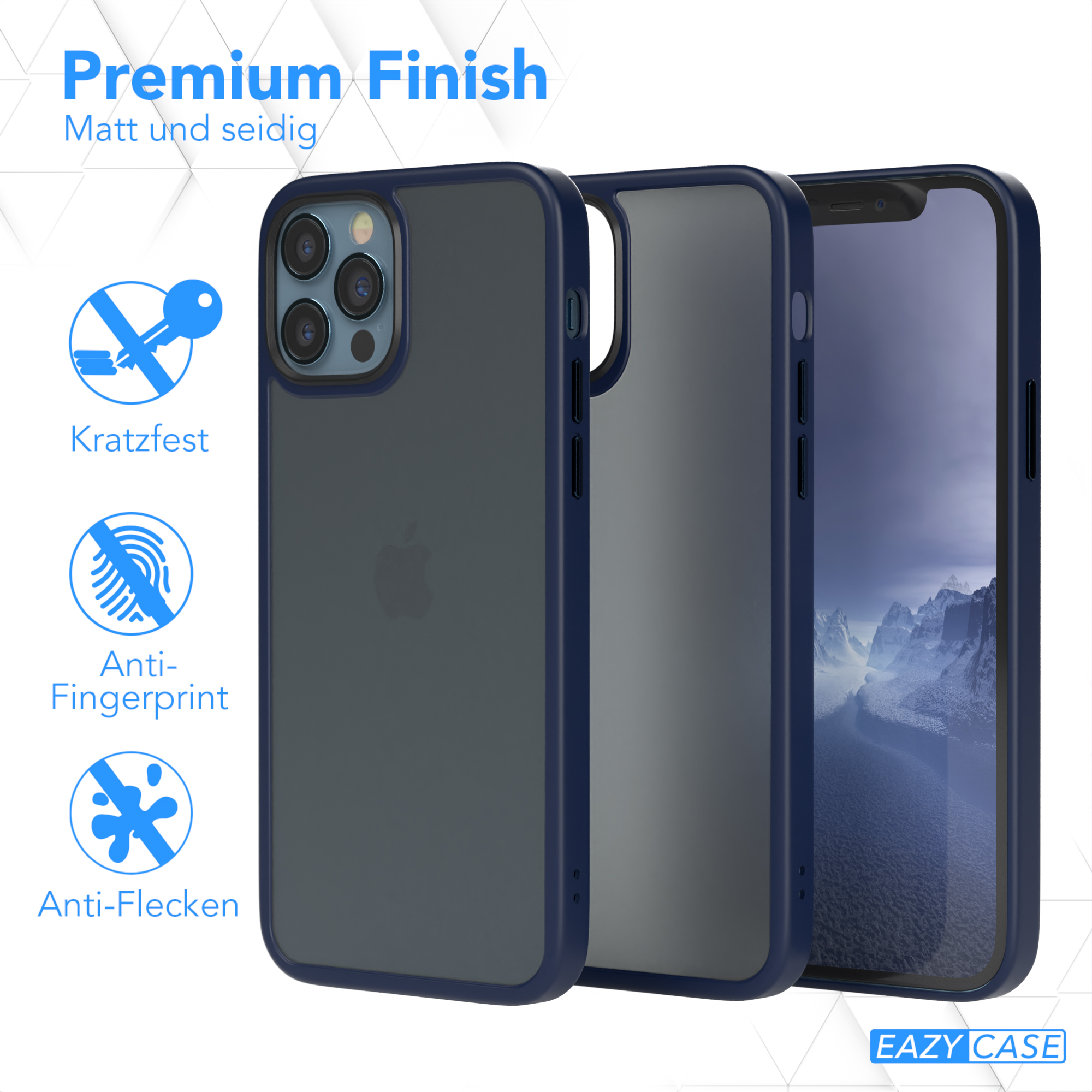 Drei Handyhüllen: Marineblau, klare Rückseite und Schwarz. Text: Premium Finish, Kratzfest, Anti-Fingerprint, Anti-Flecken.