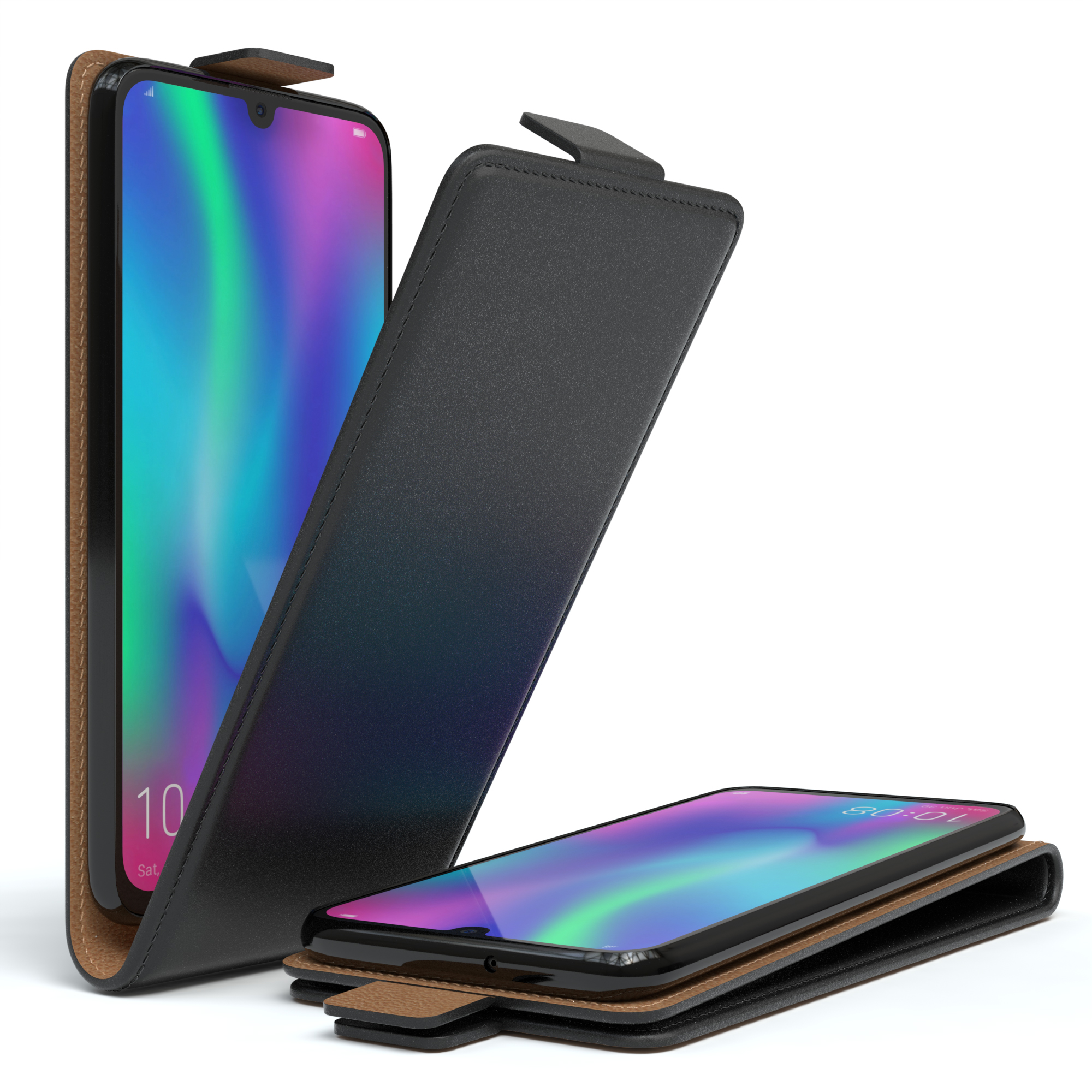 Schwarze und braune Handyhülle, geöffnet, mit einem Telefon darin. Der Bildschirm zeigt Muster.