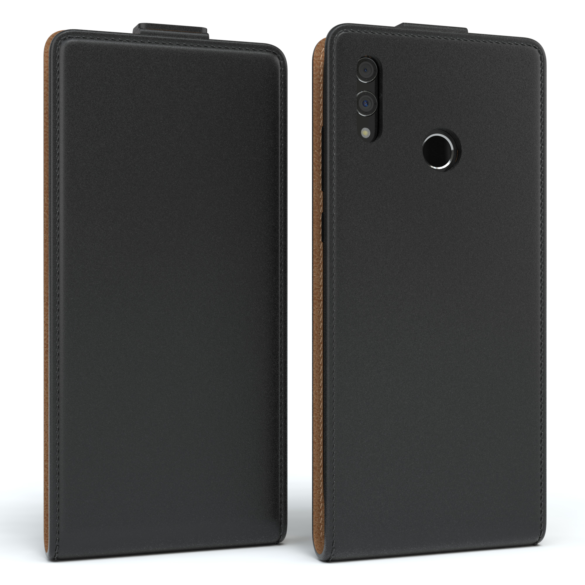 Schwarze Handyhülle, geschlossen, mit Leder- und Telefondesign.