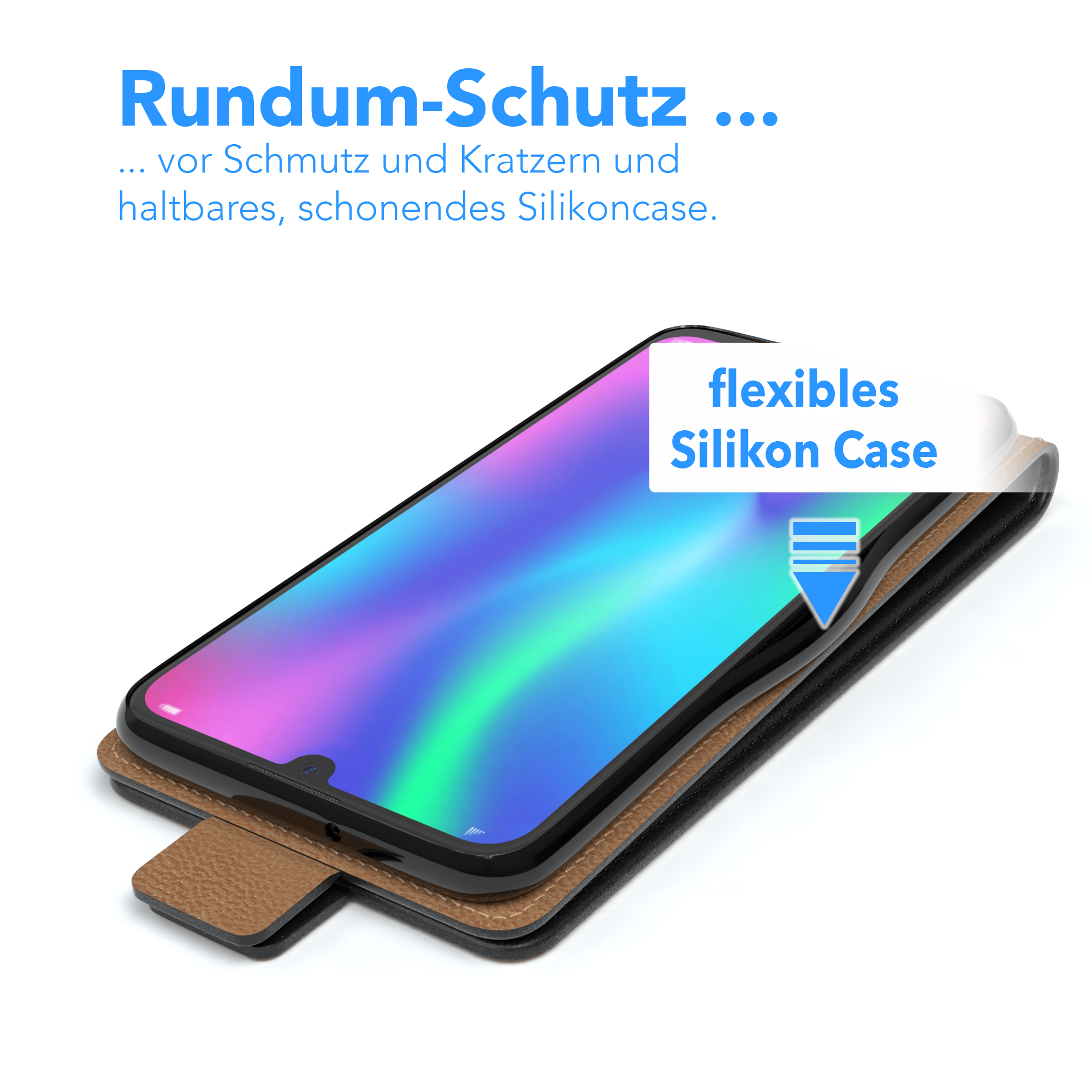 Schwarze Handyhülle mit braunem Lederverschluss. Telefon innen, Bildschirm sichtbar. Die Handyhülle hat ein Etikett.
