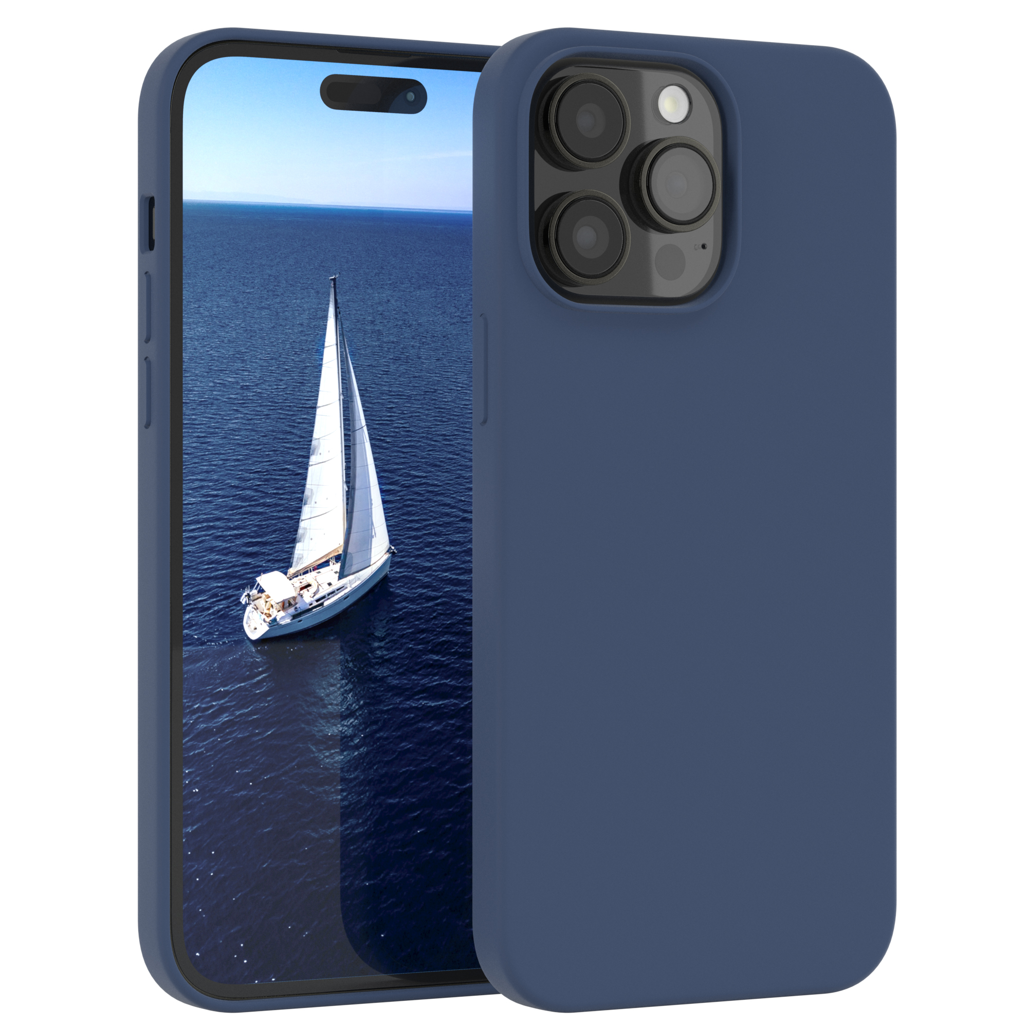 Eine blaue Handyhülle mit einem Telefon, das ein Segelboot auf dem Meer zeigt. Weißer Hintergrund.