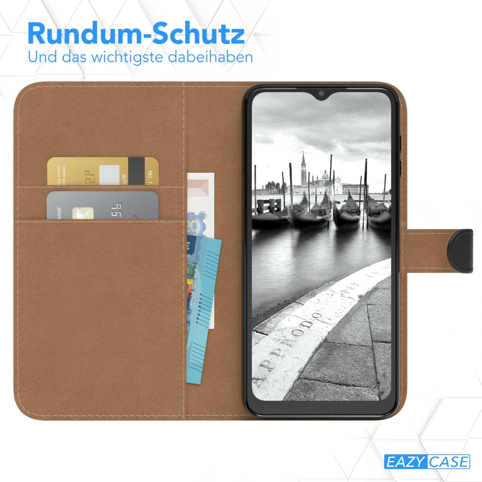 Geöffnete Handyhülle mit Karten und Stadtansicht. Text: Rundum-Schutz.