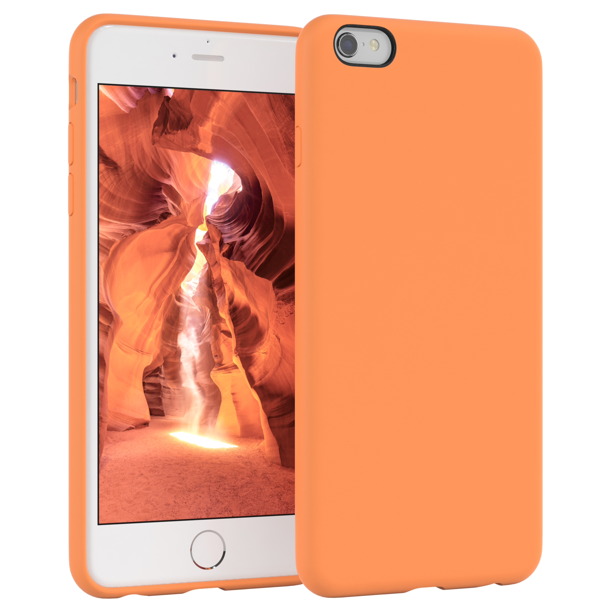 Orange Handyhülle mit Höhlenlandschaft auf dem Bildschirm.