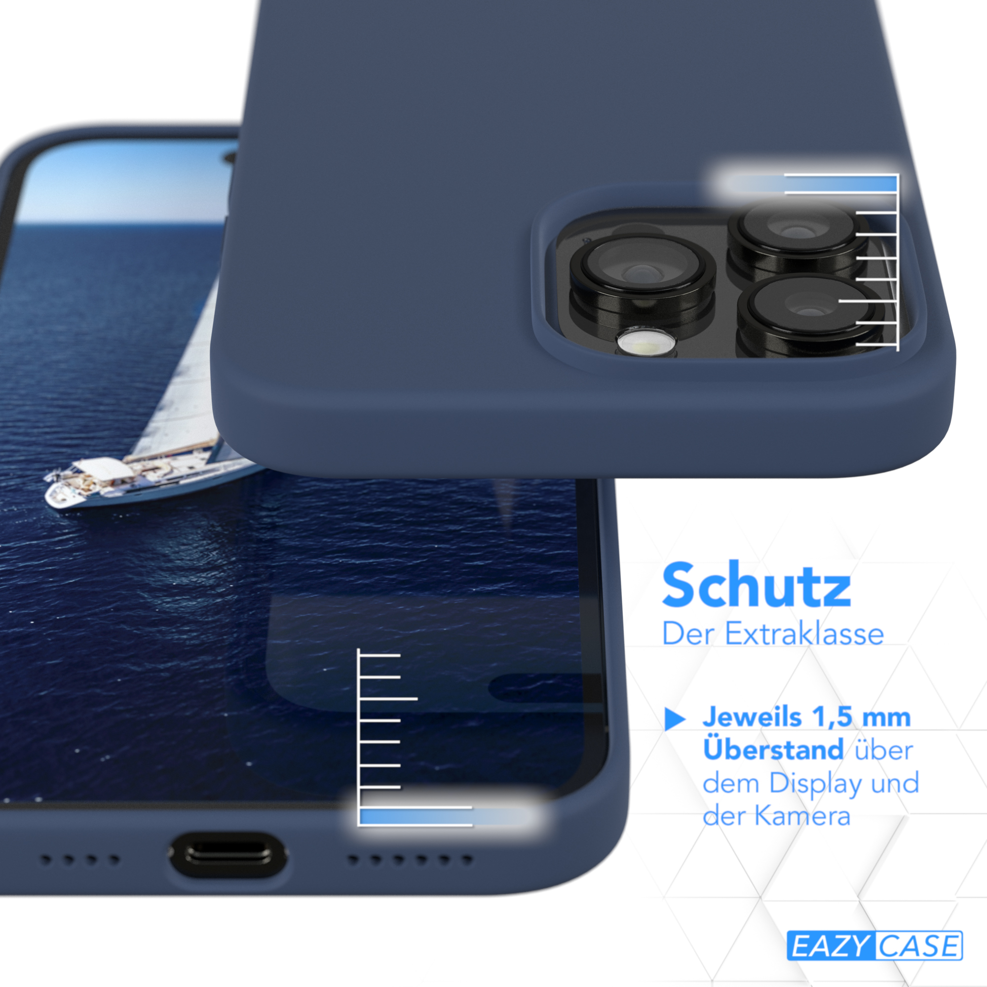 Blaue Handyhülle über einem Telefon. Text zeigt Schutz von 1,5 mm über Display und Kamera an.