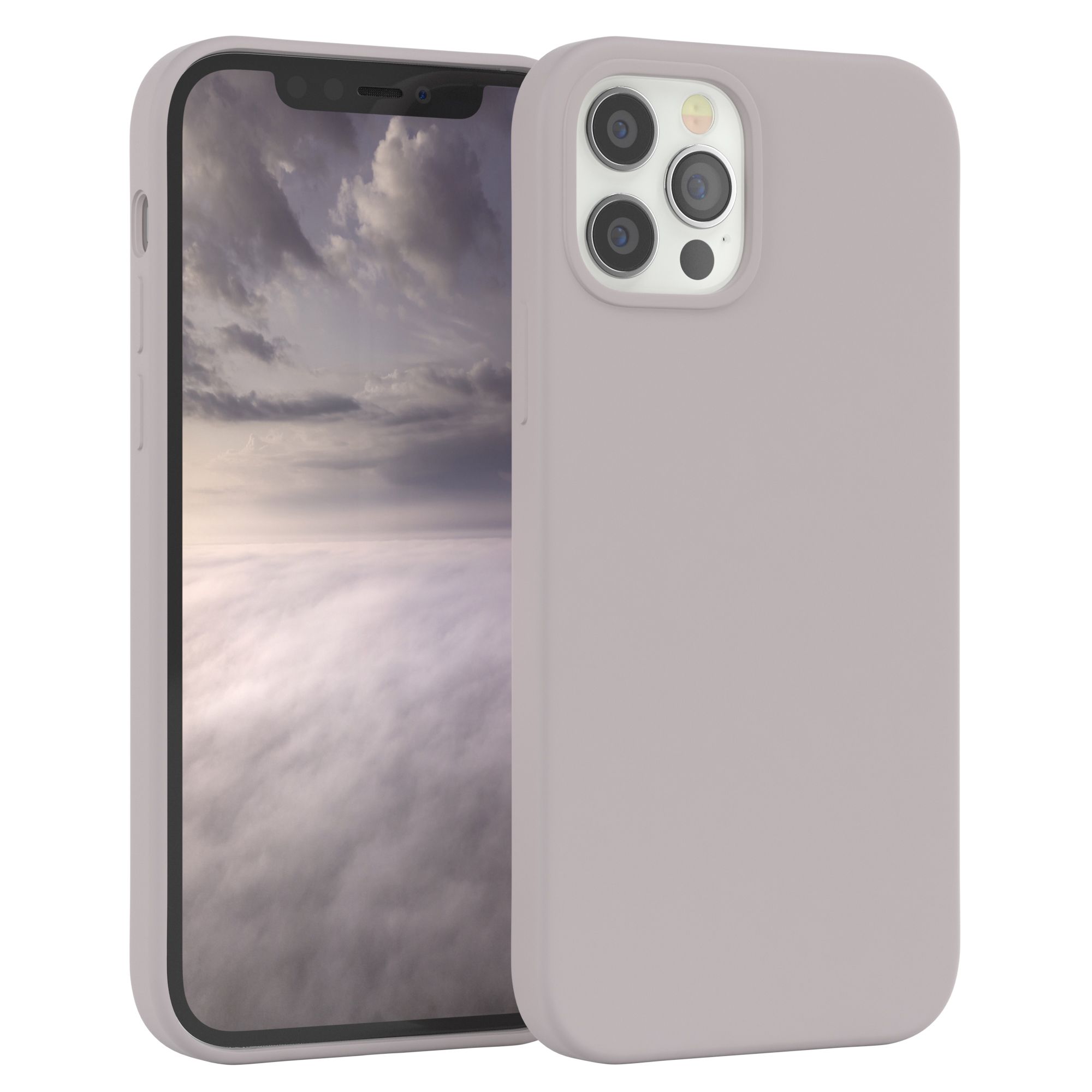Hellgraue Handyhülle mit Handy, das eine bewölkte Himmelszene zeigt. Rechts die Hülle.