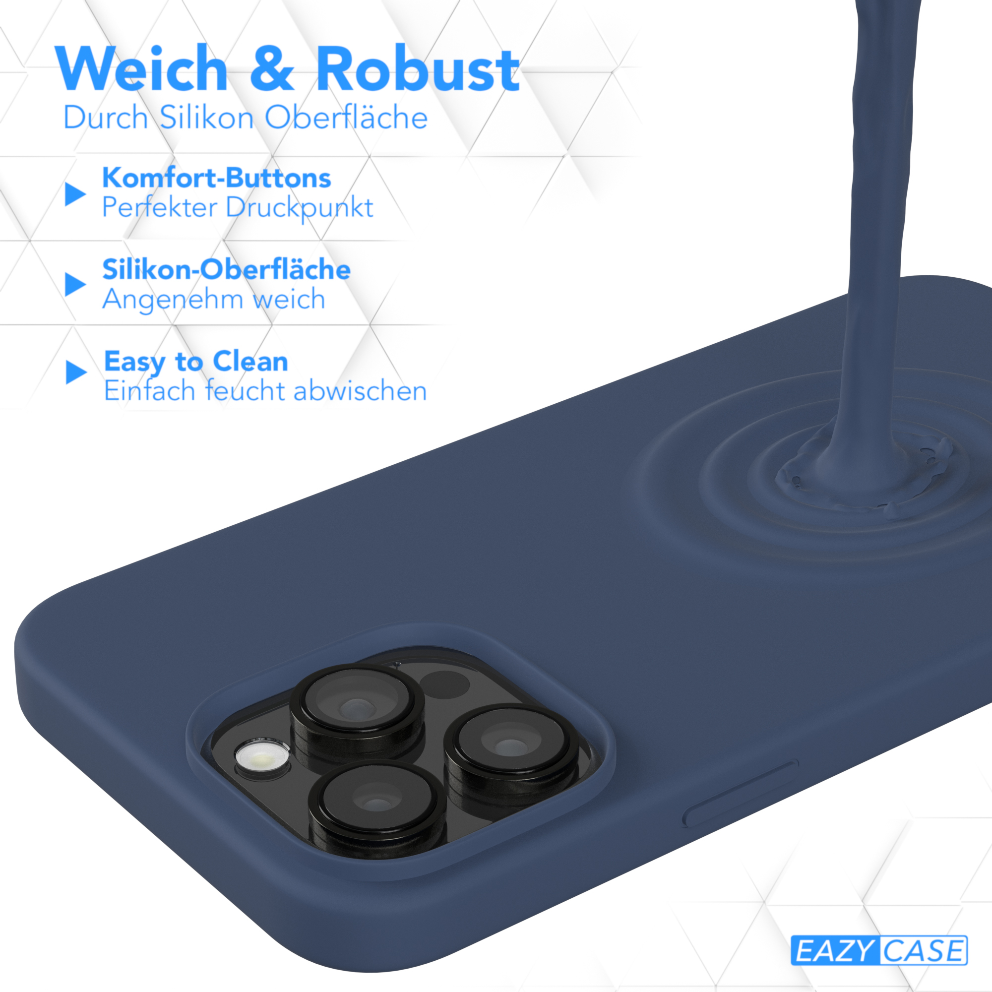 Eine dunkelblaue Handyhülle mit einem Telefon darin. Die Oberfläche ist mit Silikon strukturiert.
