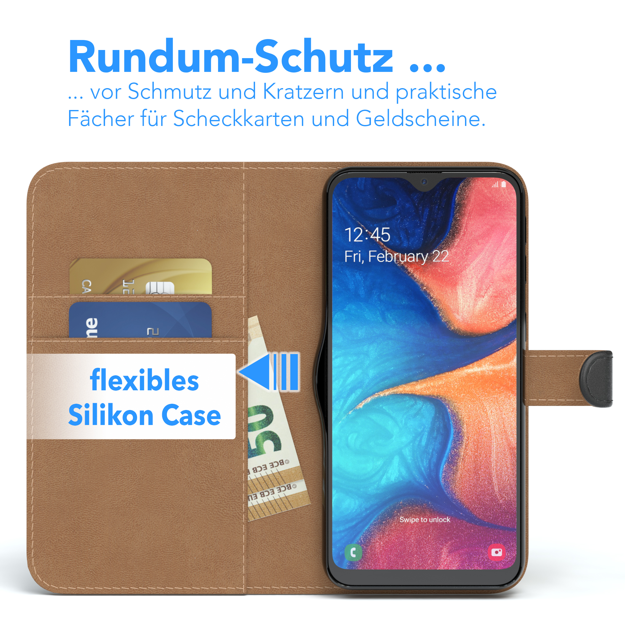 Telefon in einer braunen Brieftaschenhülle mit Kreditkarten und Geld. Bildschirm zeigt die Zeit.