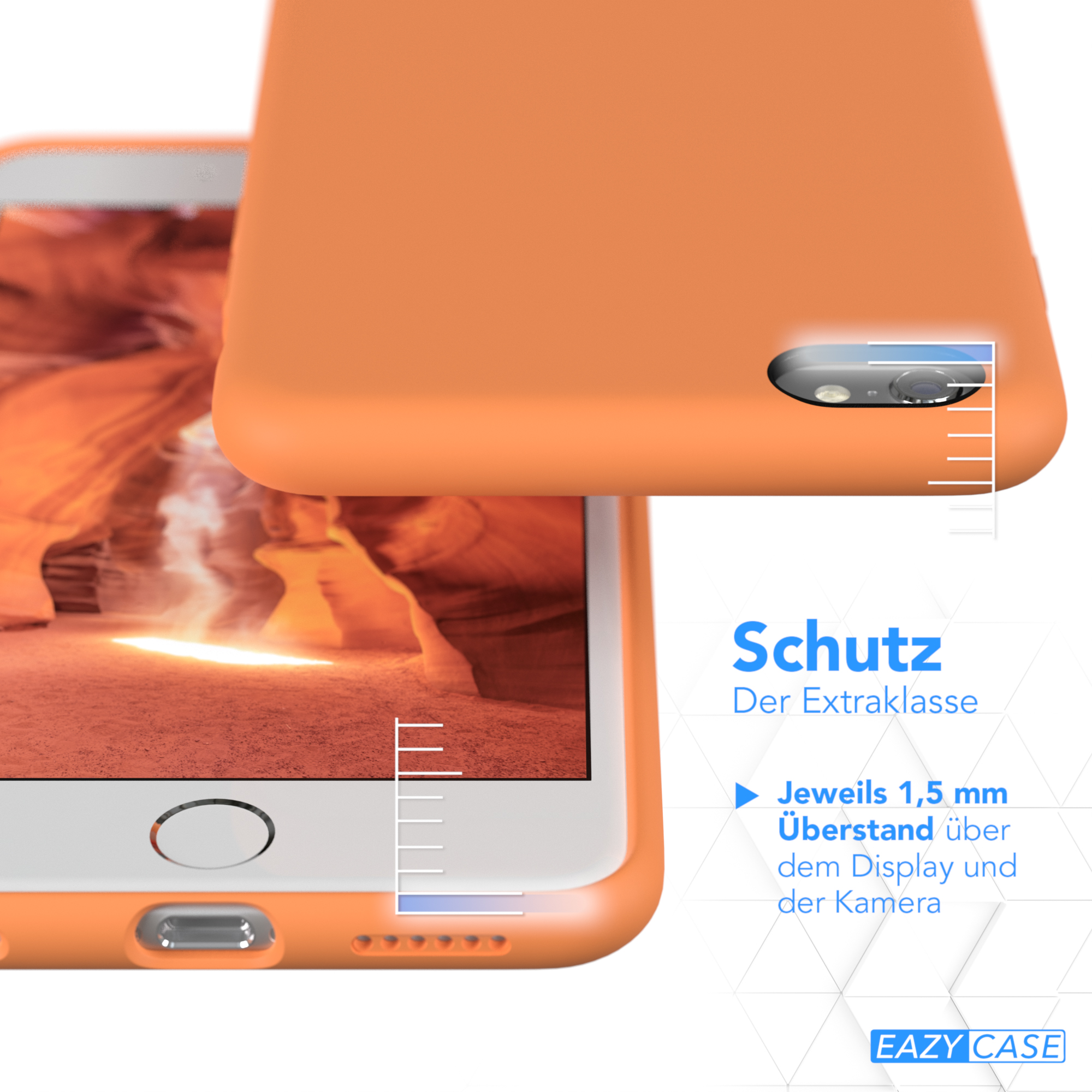 Eine orangefarbene Handyhülle wird mit dem Telefon gezeigt. Der Text gibt an, dass die Hülle Display und Kamera schützt.