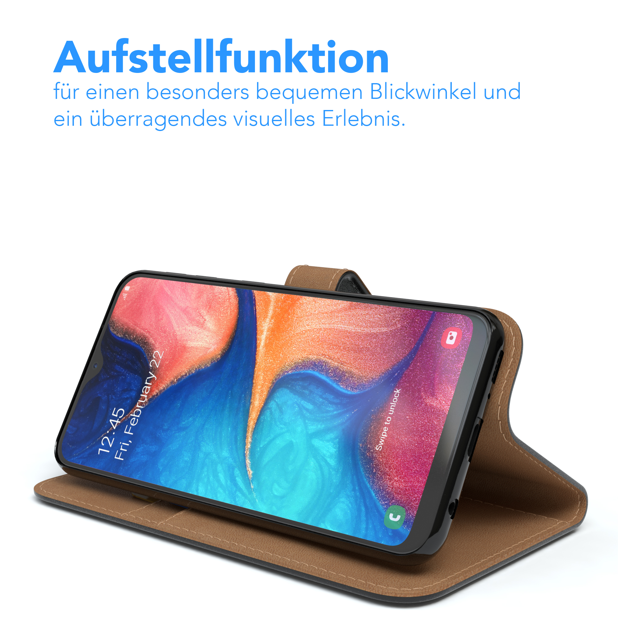 Ein Smartphone in einer braunen Hülle ist geöffnet und zeigt einen App-Bildschirm an.
