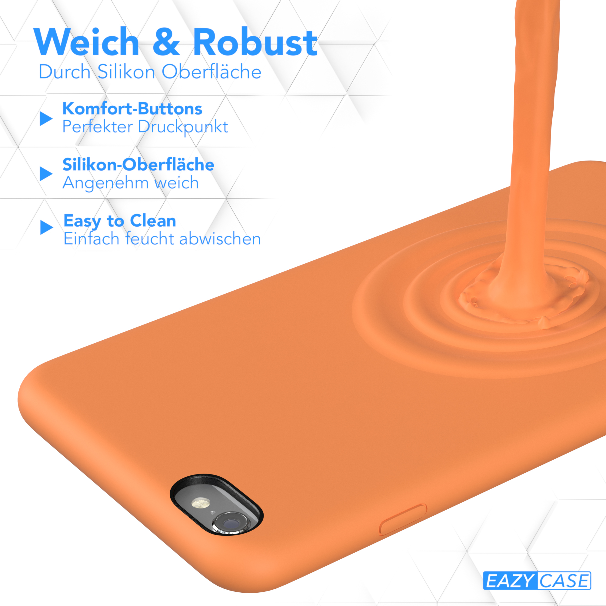 Eine orangefarbene Handyhülle, aus der Flüssigkeit herausfließt, um ihre Silikontextur zu zeigen.